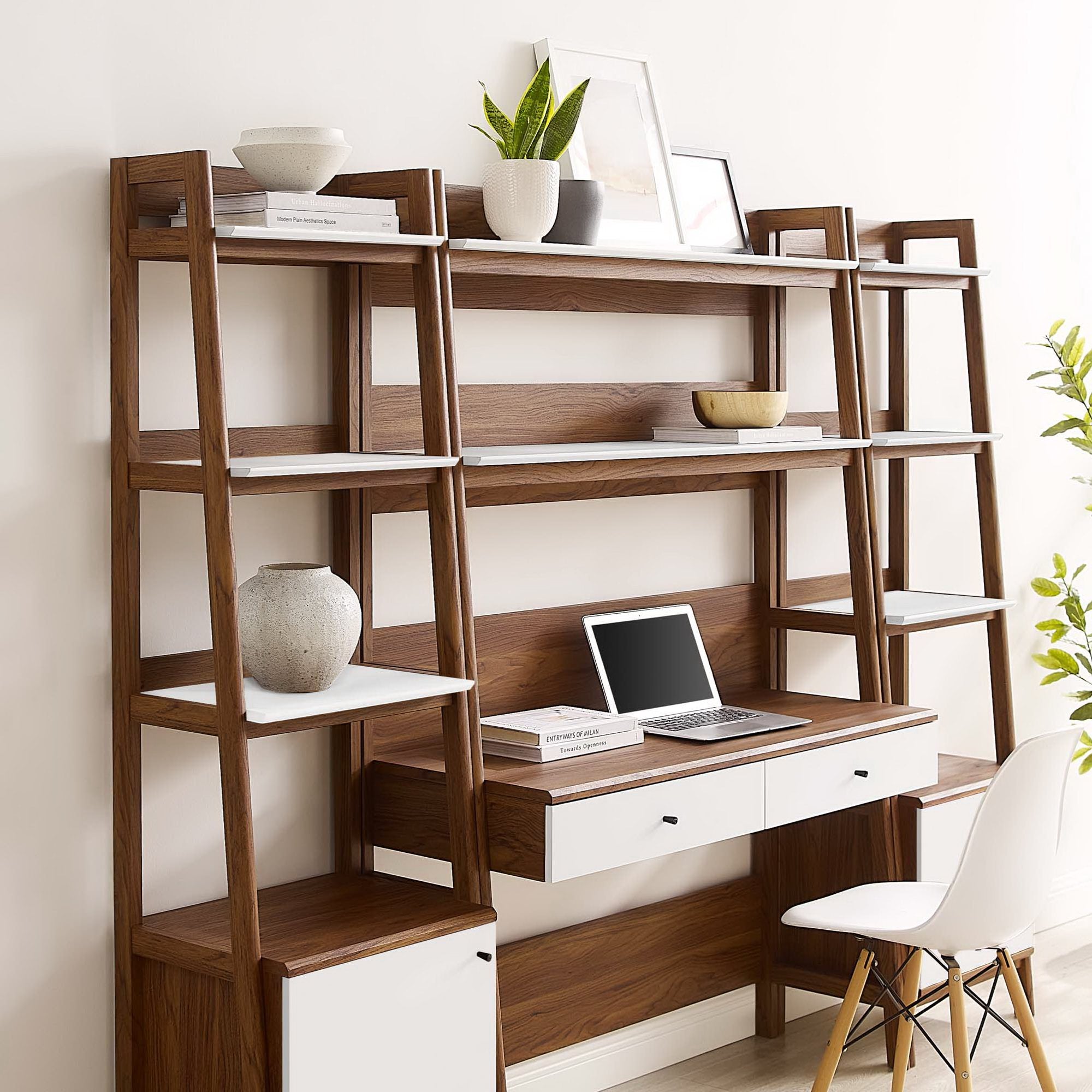 Bixby 3-Piece Wood Office Desk and Bookshelf, Walnut White