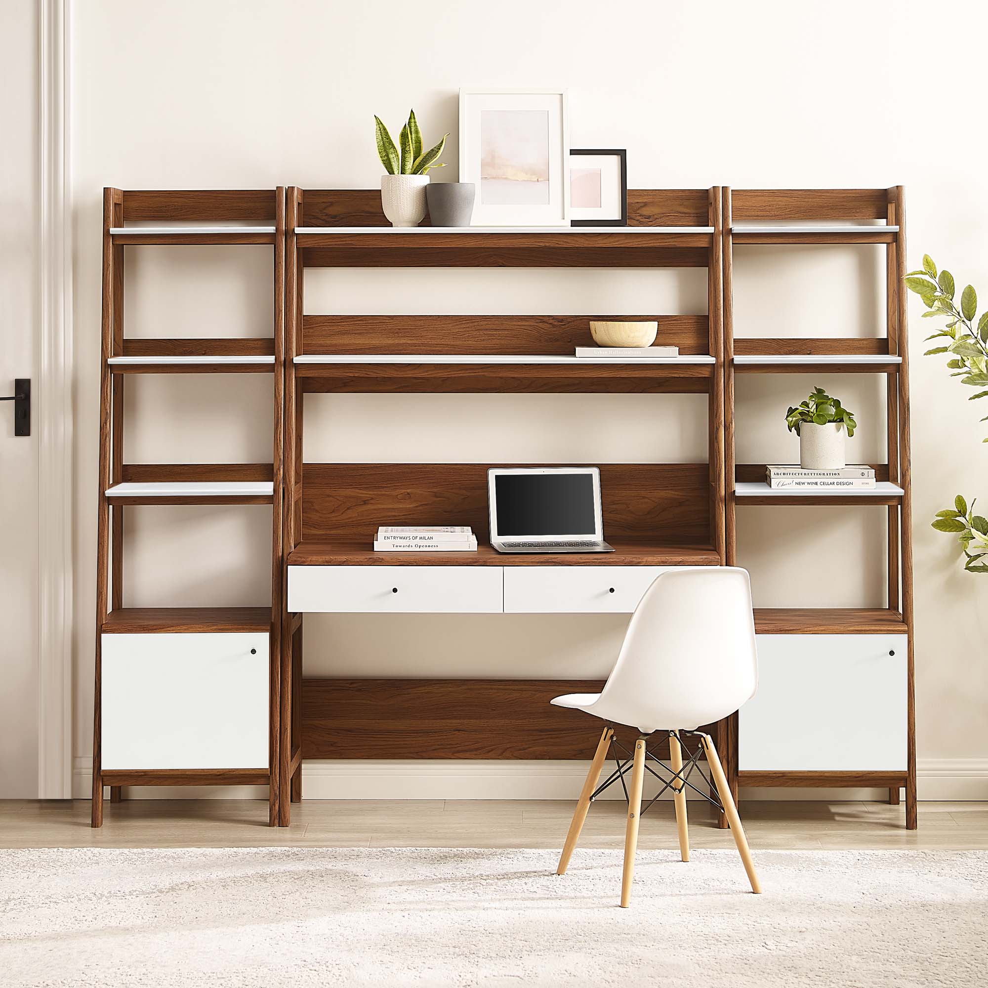 Bixby 3-Piece Wood Office Desk and Bookshelf, Walnut White