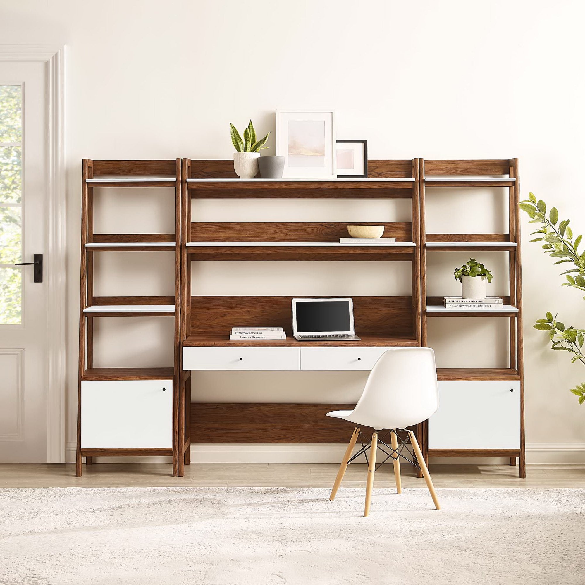 Bixby 3-Piece Wood Office Desk and Bookshelf, Walnut White