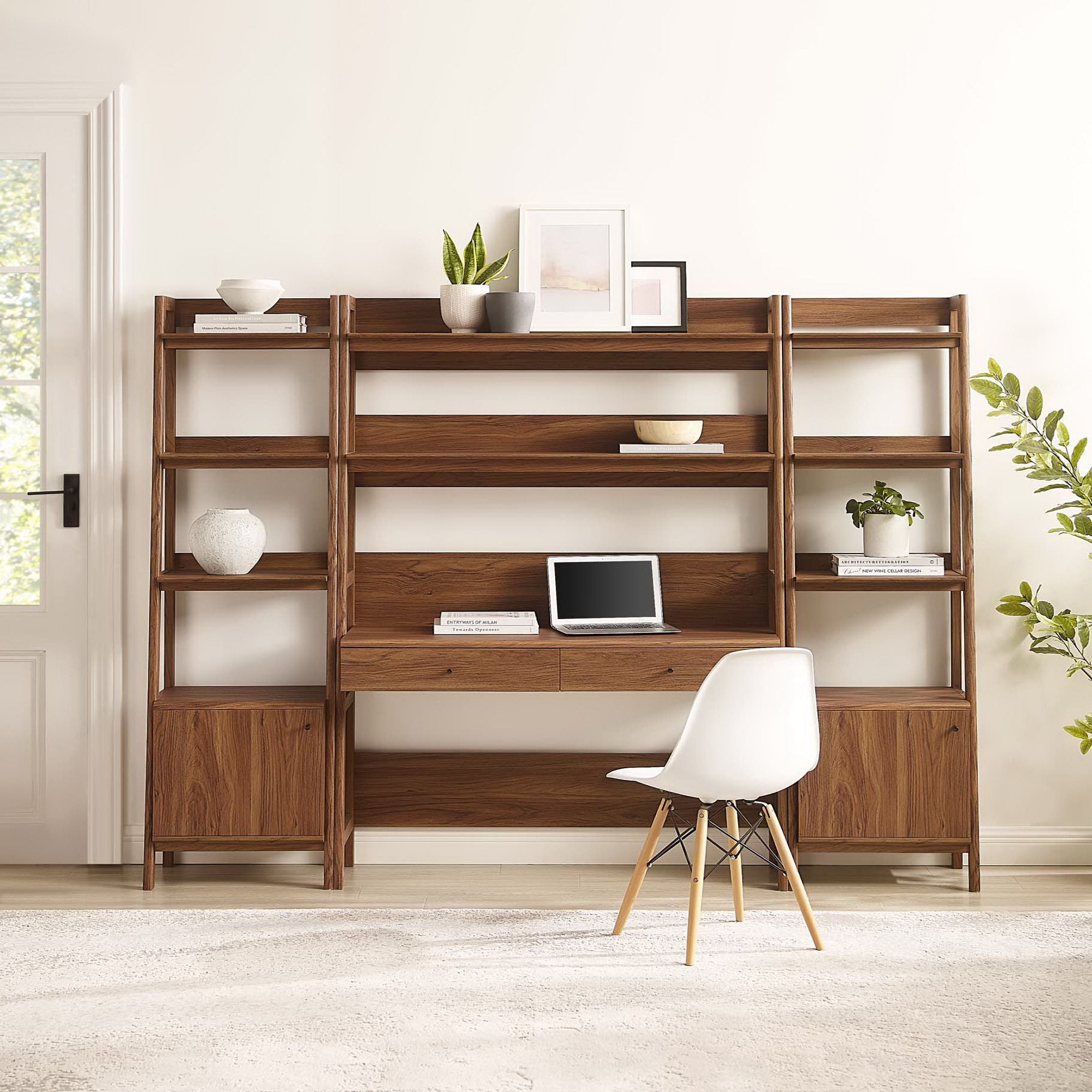 Bixby 3-Piece Wood Office Desk and Bookshelf, Walnut