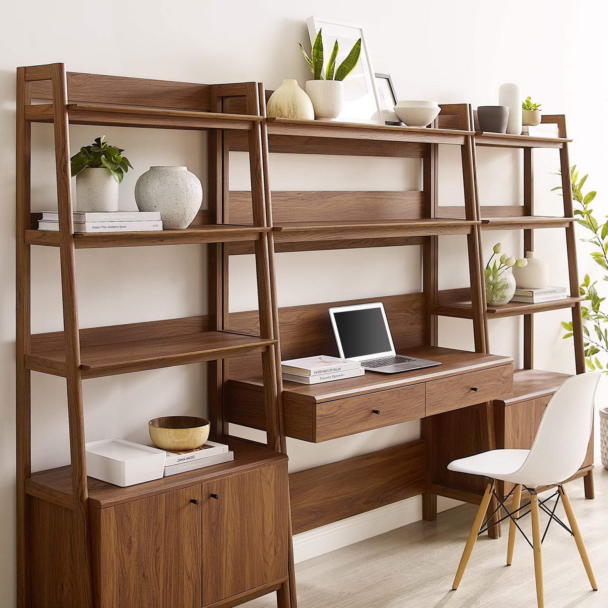 Bixby 3-Piece Wood Office Desk and Bookshelf, Walnut