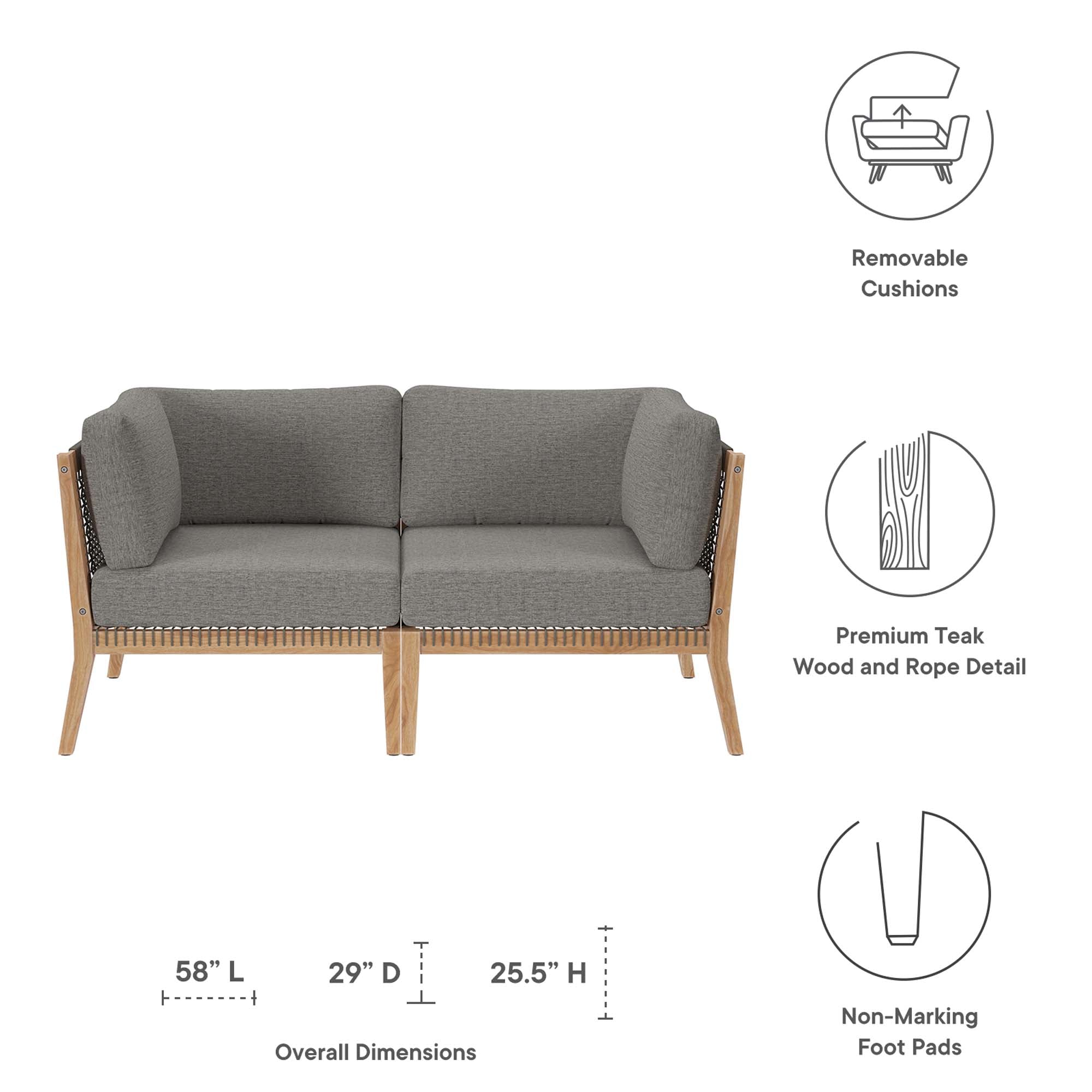 Clearwater Outdoor Patio Teak Wood Loveseat, Gray Graphite