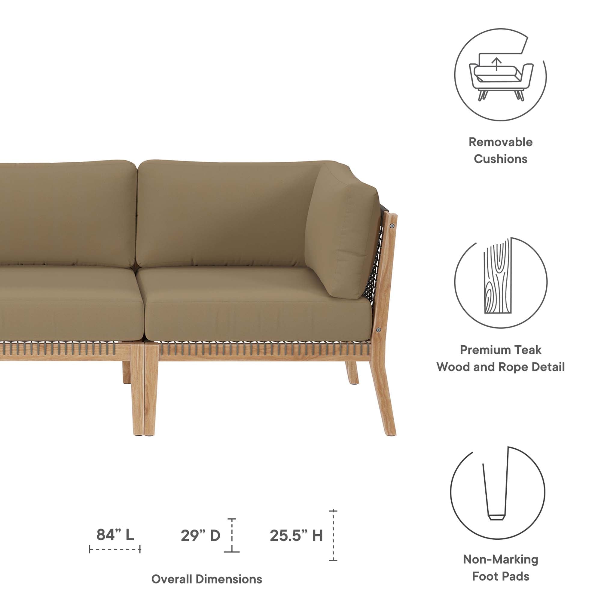 Clearwater Outdoor Patio Teak Wood Sofa, Gray Light Brown
