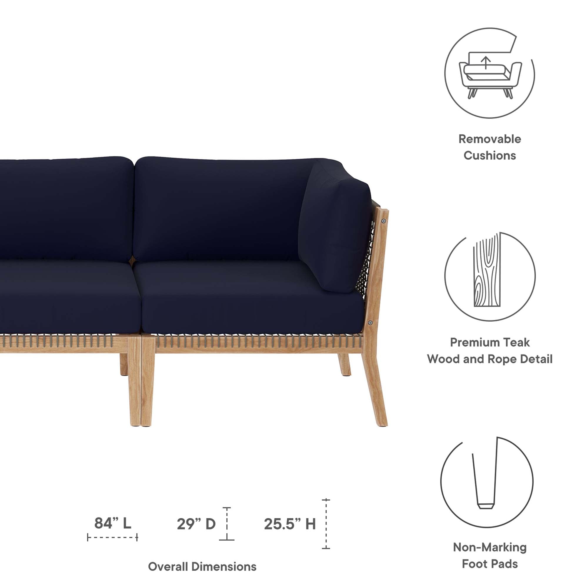 Clearwater Outdoor Patio Teak Wood Sofa, Gray Navy