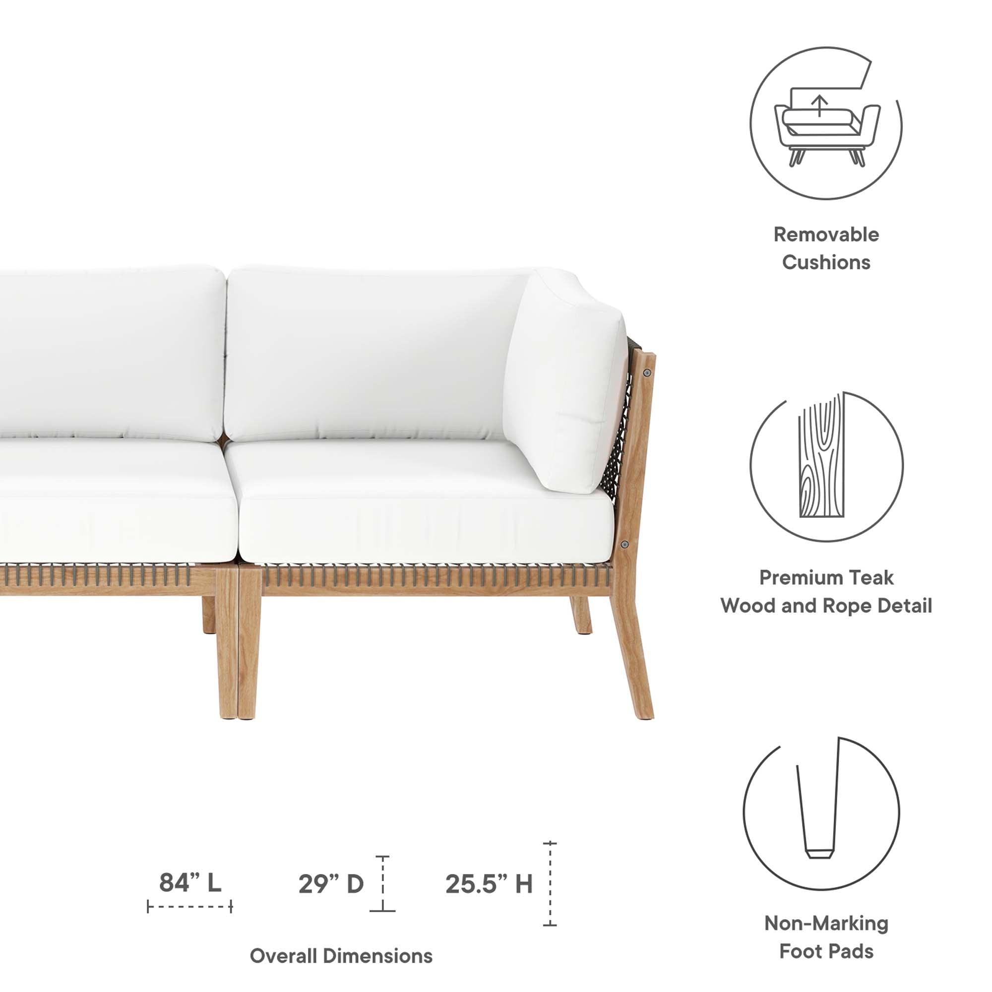 Clearwater Outdoor Patio Teak Wood Sofa, Gray White
