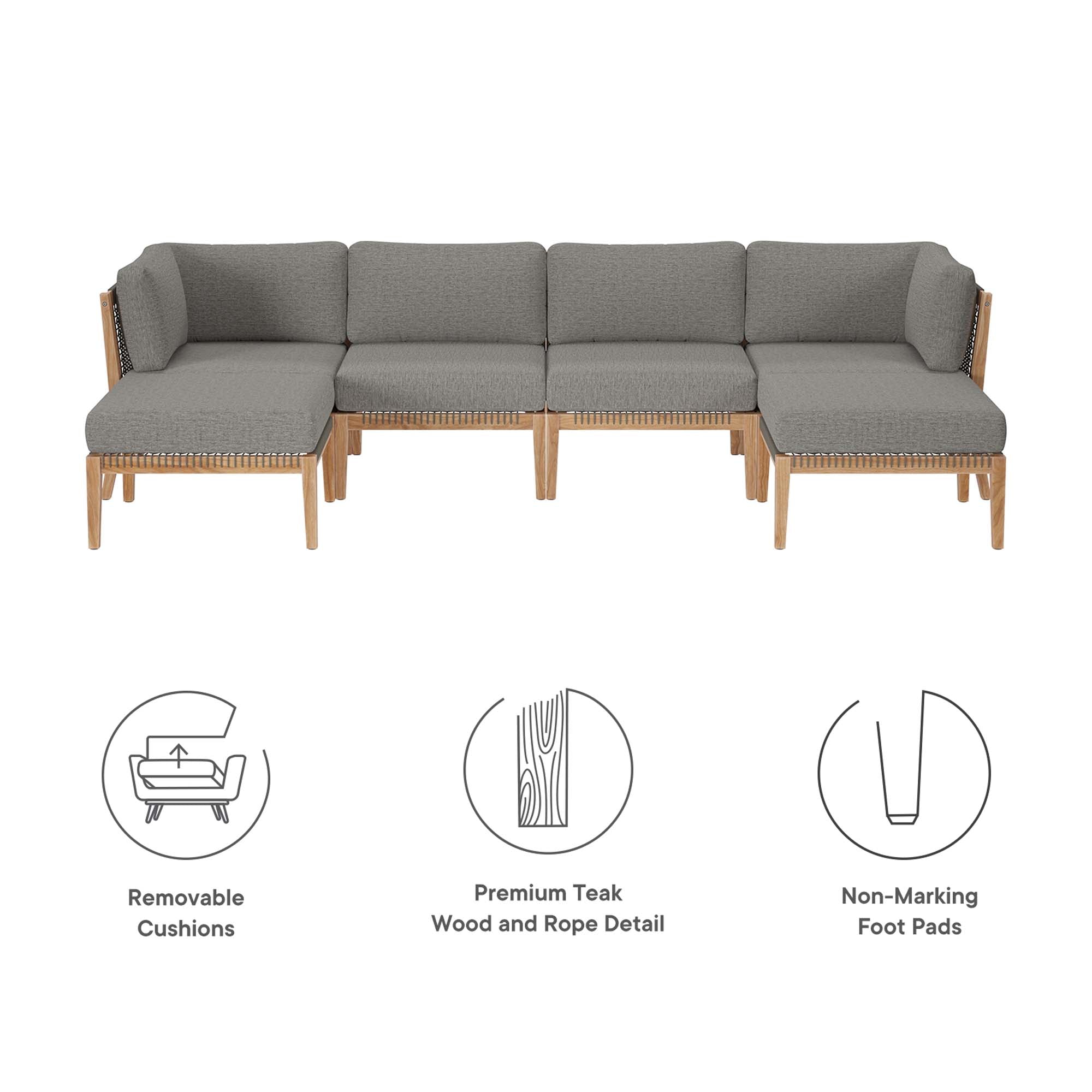 Clearwater 6-Piece Outdoor Patio Teak Wood Sectional Sofa, Gray Graphite