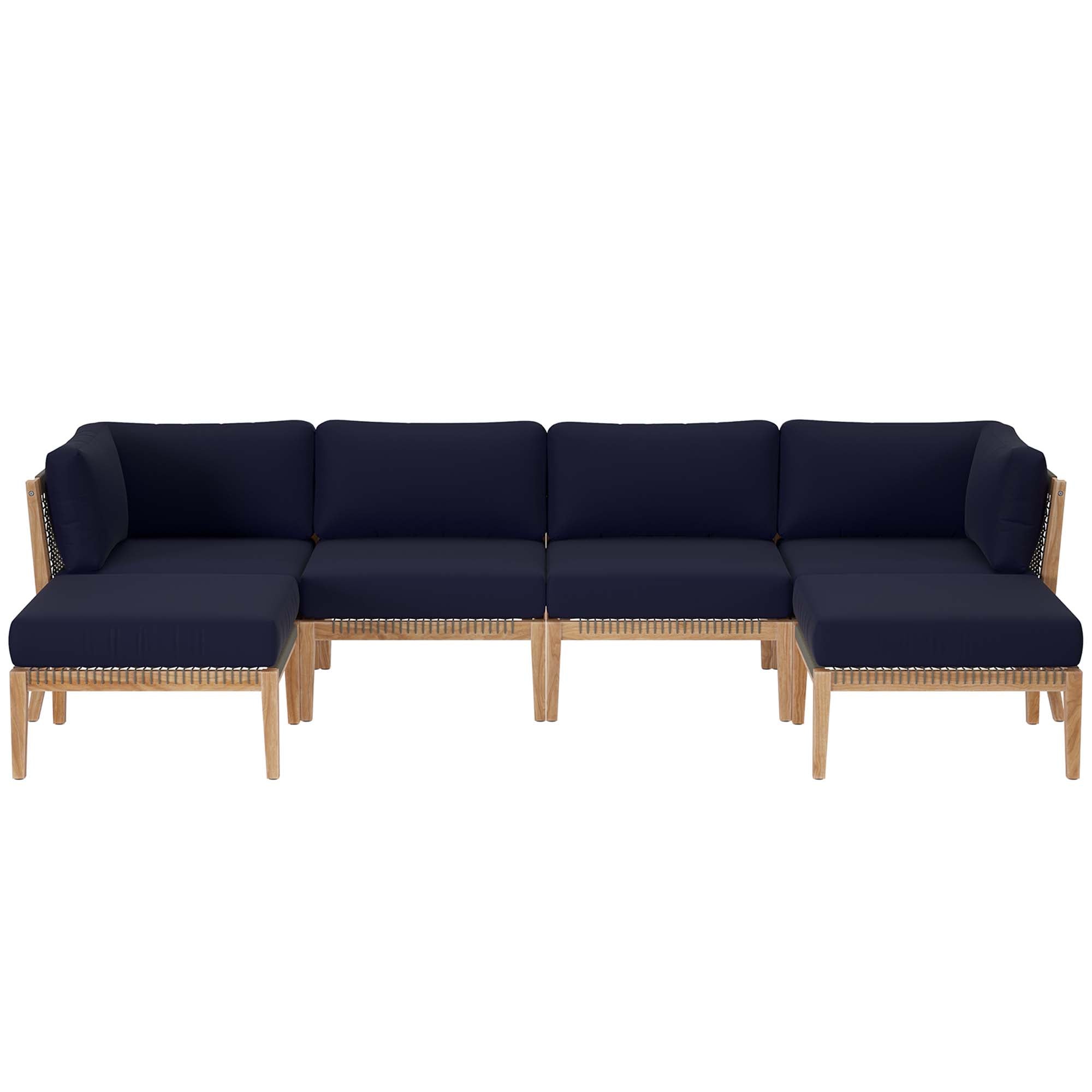 Clearwater 6-Piece Outdoor Patio Teak Wood Sectional Sofa, Gray Navy