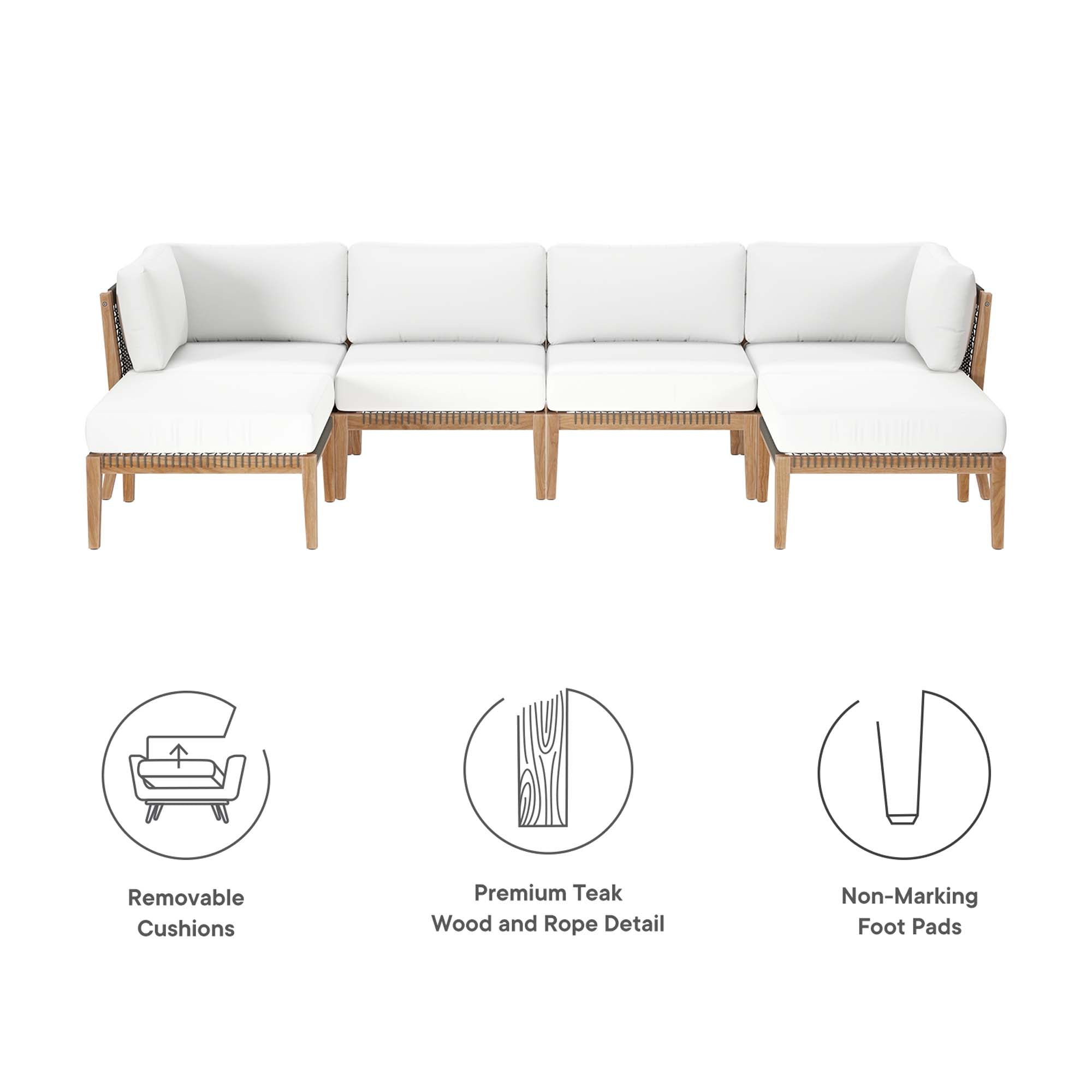 Clearwater 6-Piece Outdoor Patio Teak Wood Sectional Sofa, Gray White