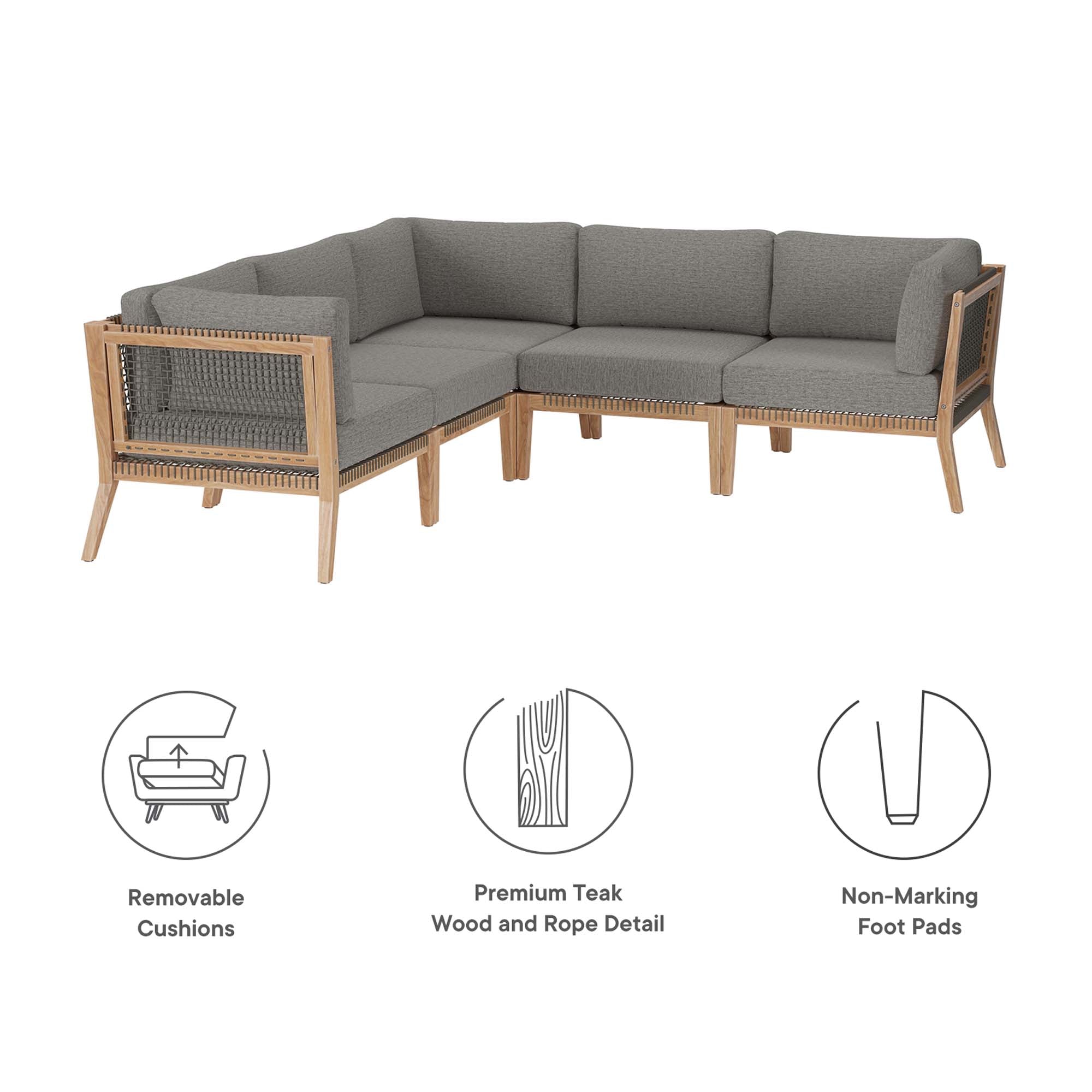 Clearwater 5-Piece Outdoor Patio Teak Wood Sectional Sofa, Gray Graphite
