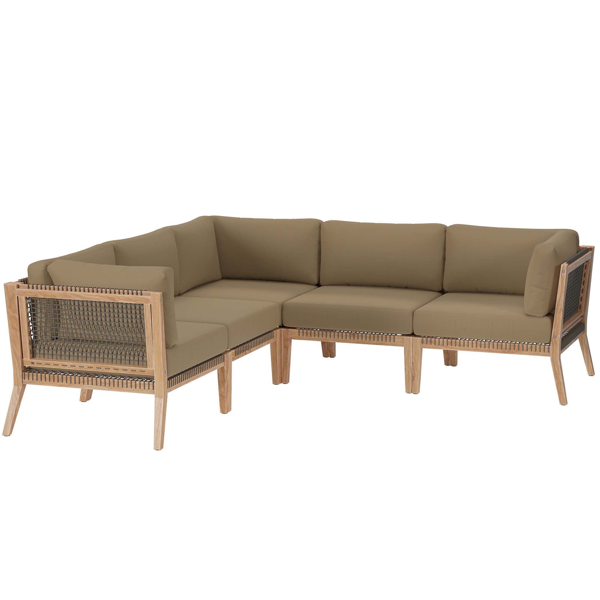 Clearwater 5-Piece Outdoor Patio Teak Wood Sectional Sofa, Gray Light Brown