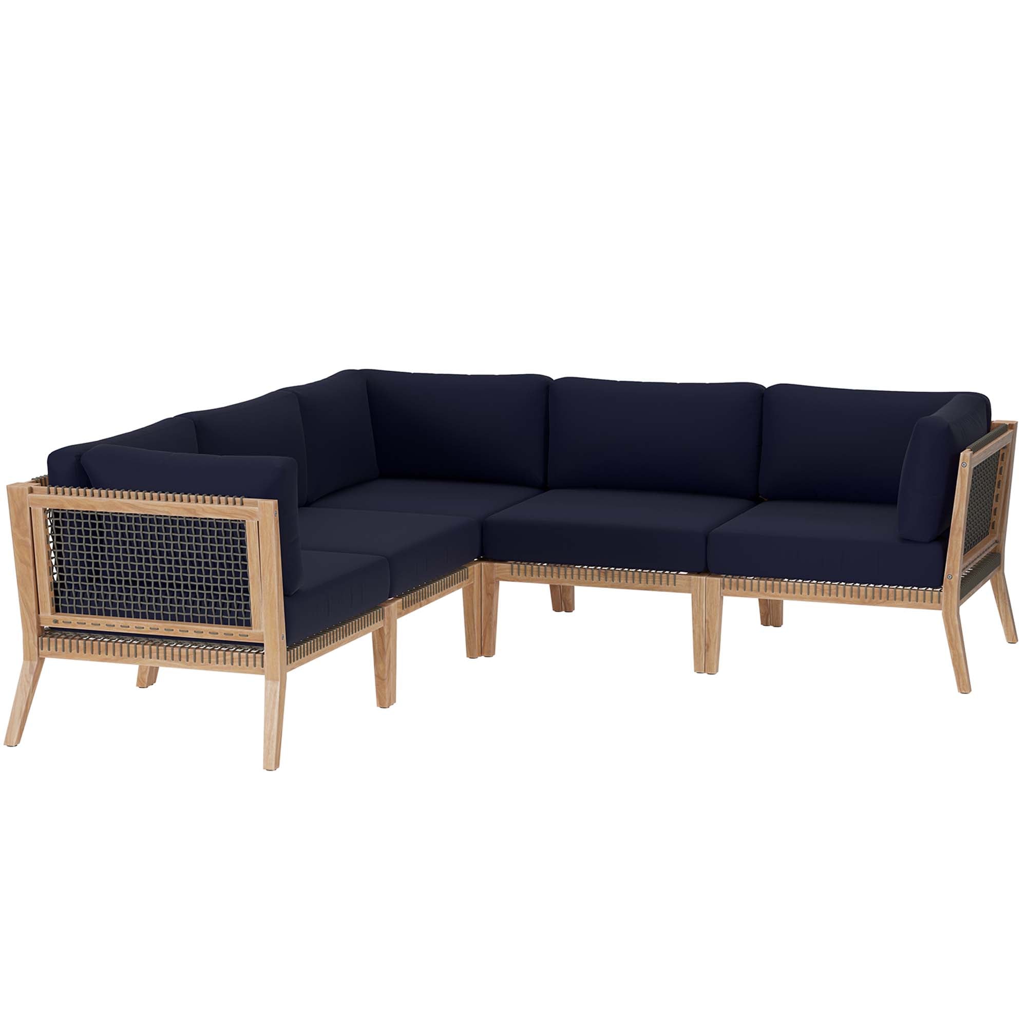 Clearwater 5-Piece Outdoor Patio Teak Wood Sectional Sofa, Gray Navy