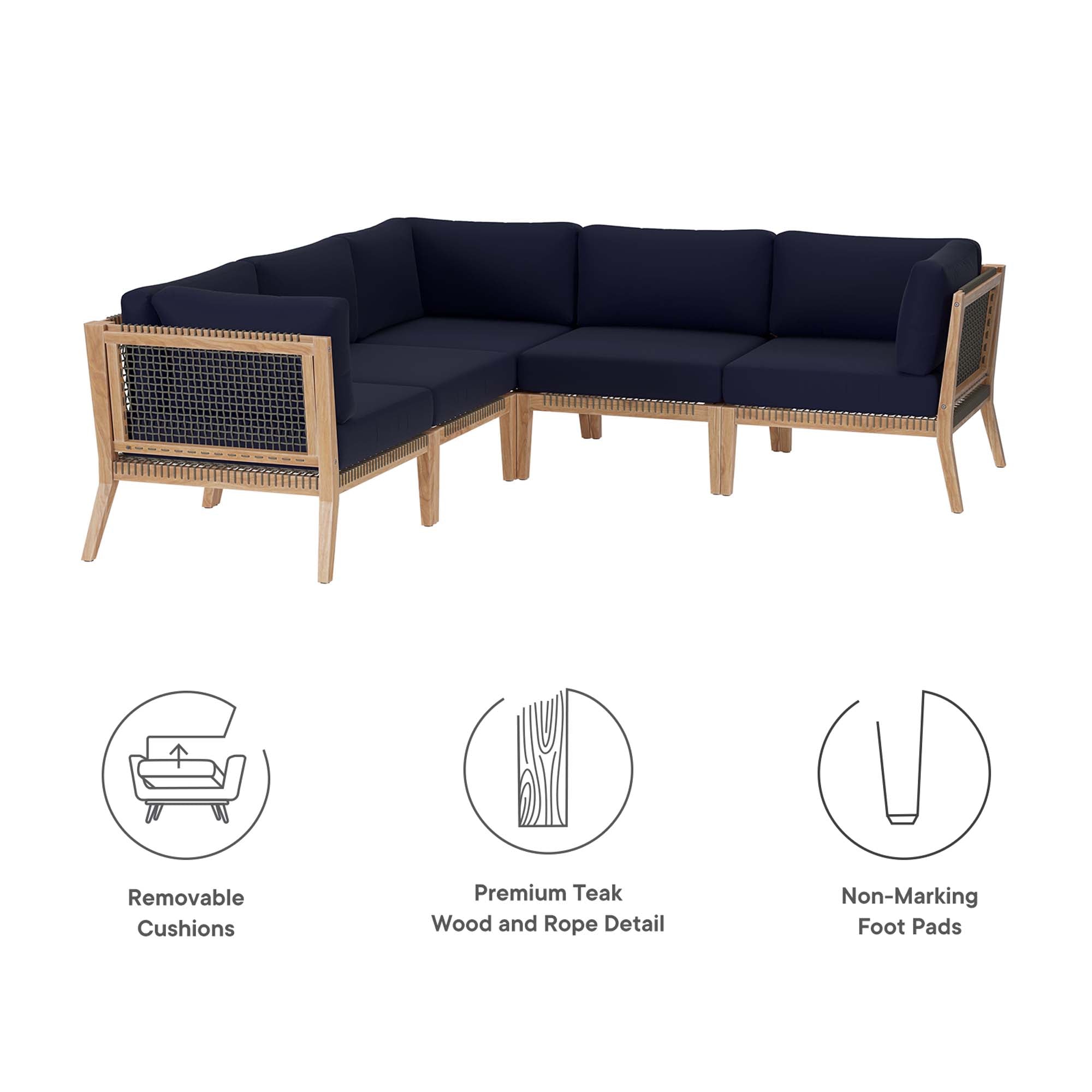 Clearwater 5-Piece Outdoor Patio Teak Wood Sectional Sofa, Gray Navy
