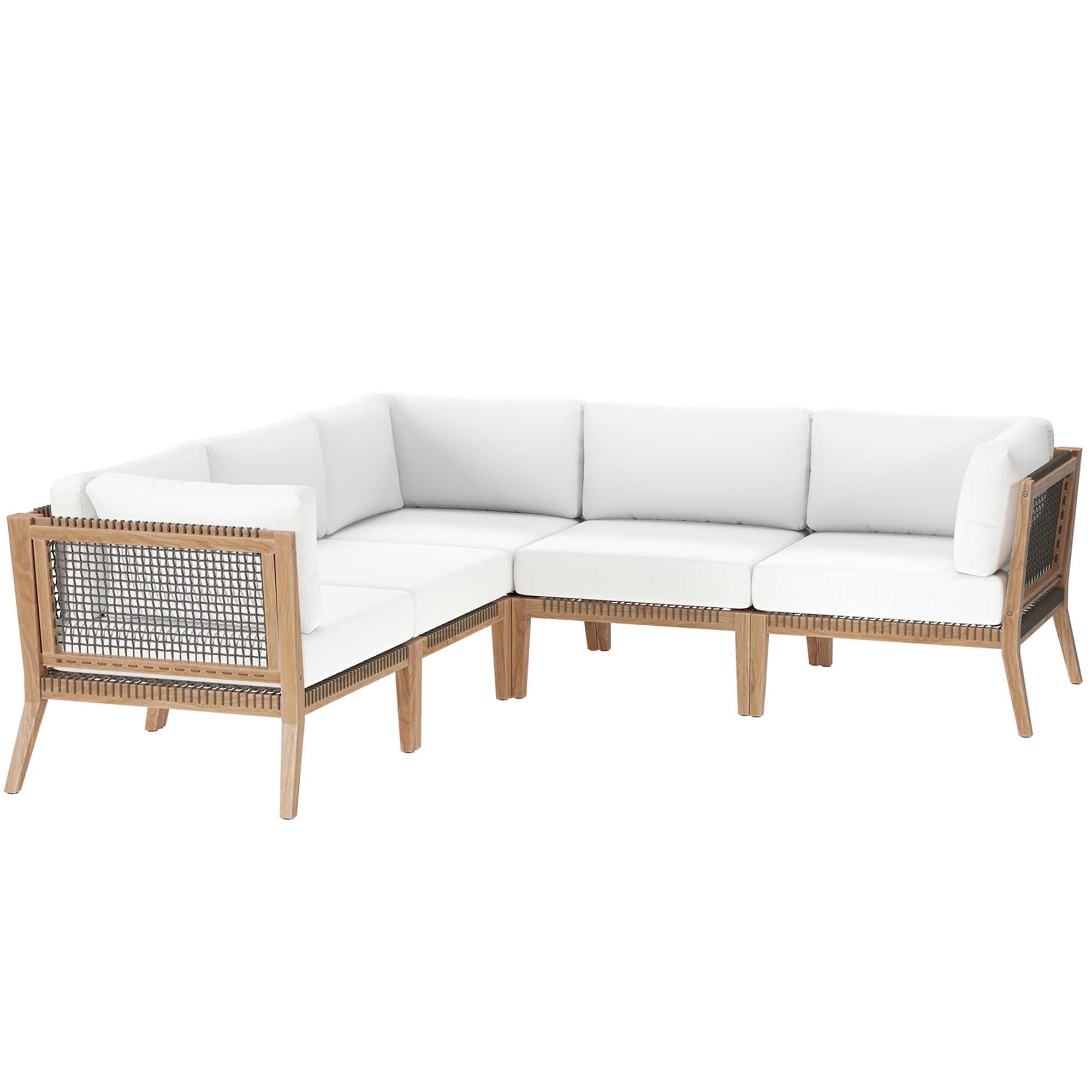 Clearwater 5-Piece Outdoor Patio Teak Wood Sectional Sofa, Gray White