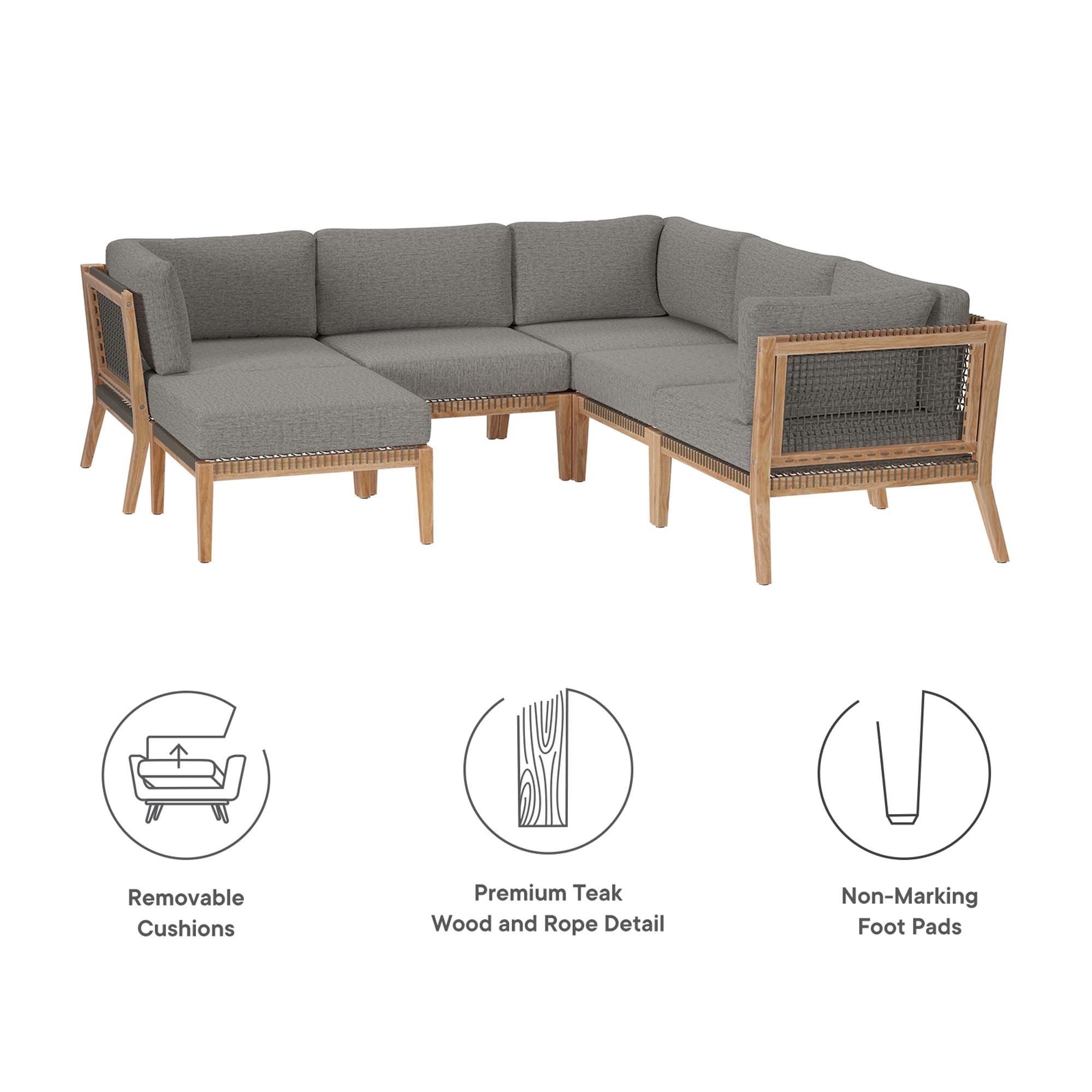 Clearwater 6-Piece Outdoor Patio Teak Wood Sectional Sofa, Gray Graphite