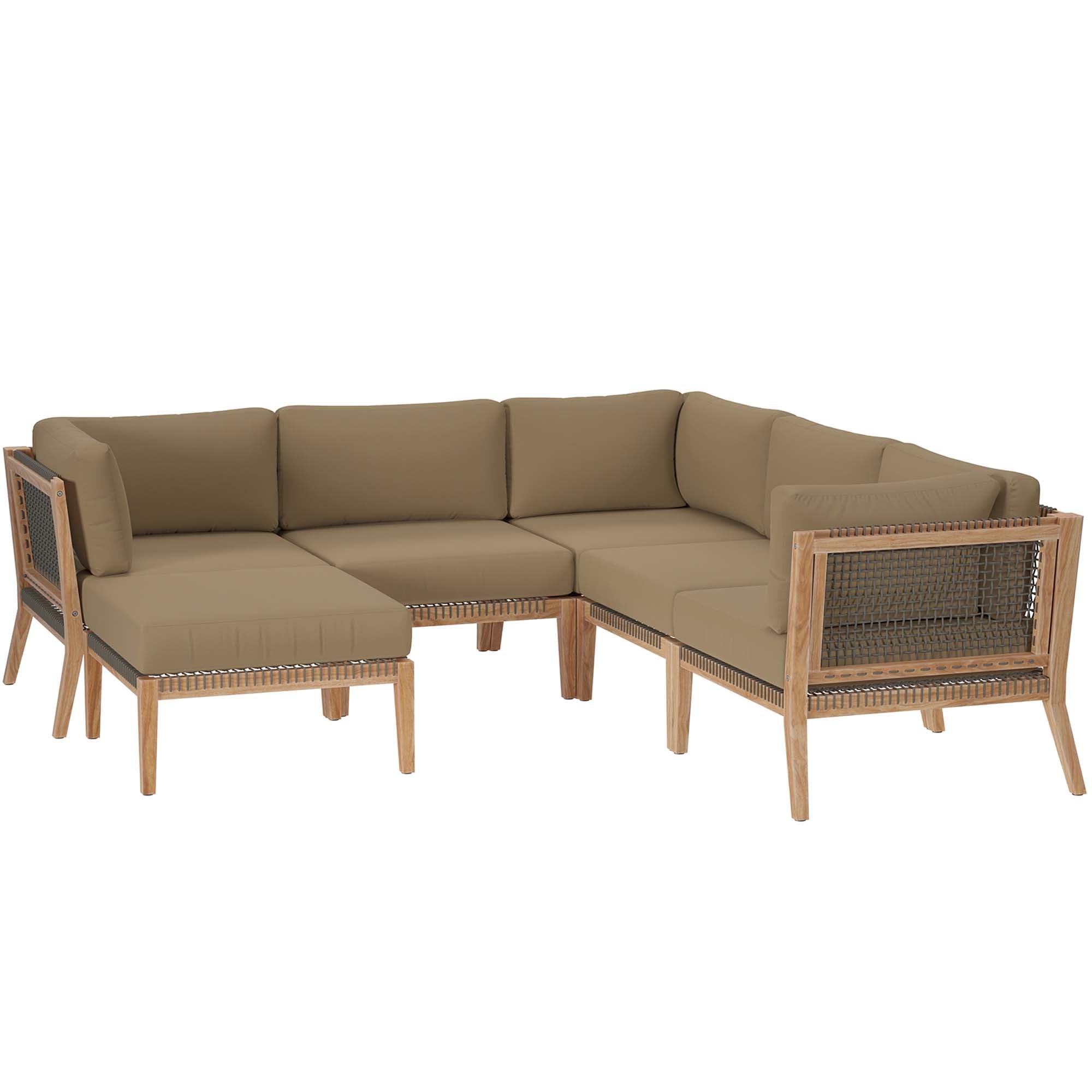 Clearwater 6-Piece Outdoor Patio Teak Wood Sectional Sofa, Gray Light Brown