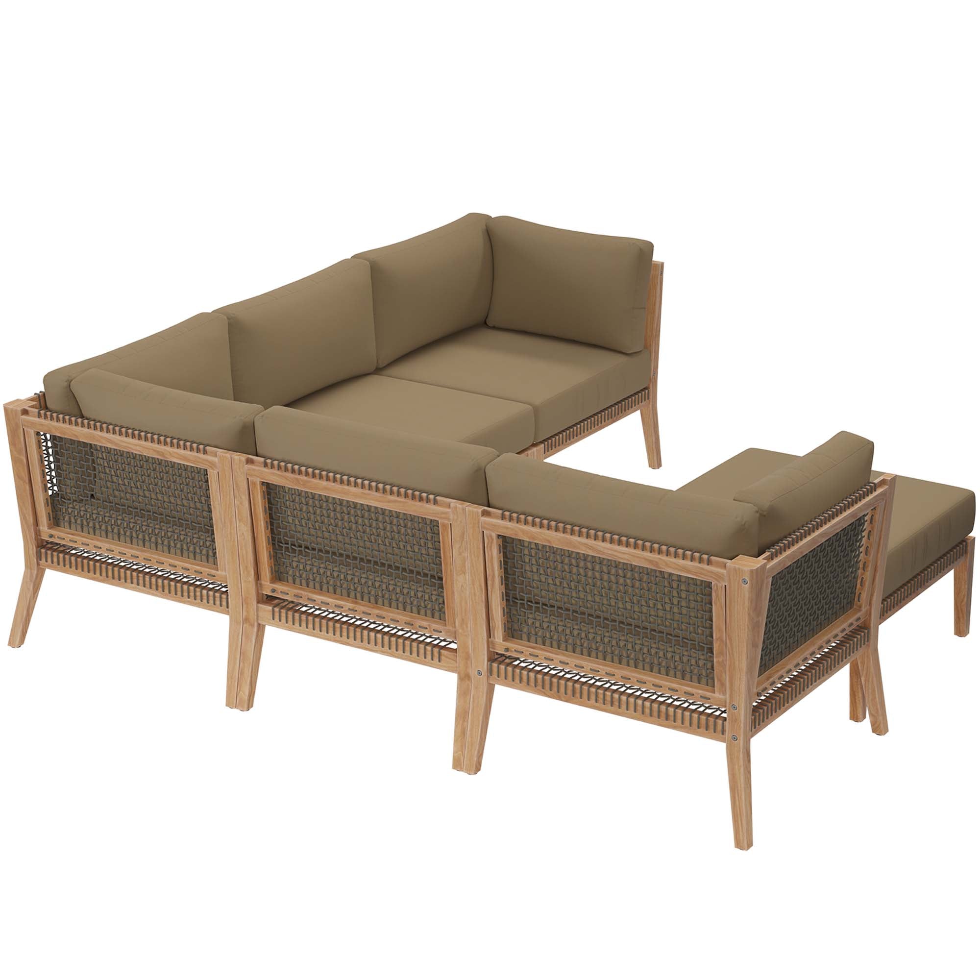 Clearwater 6-Piece Outdoor Patio Teak Wood Sectional Sofa, Gray Light Brown