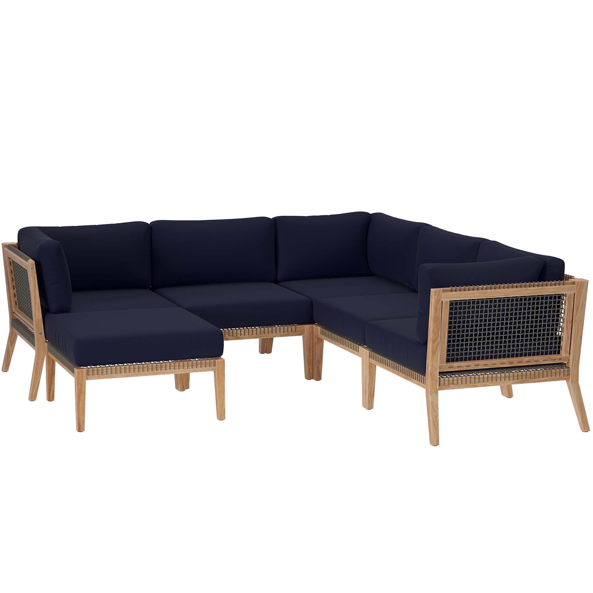Clearwater 6-Piece Outdoor Patio Teak Wood Sectional Sofa, Gray Navy