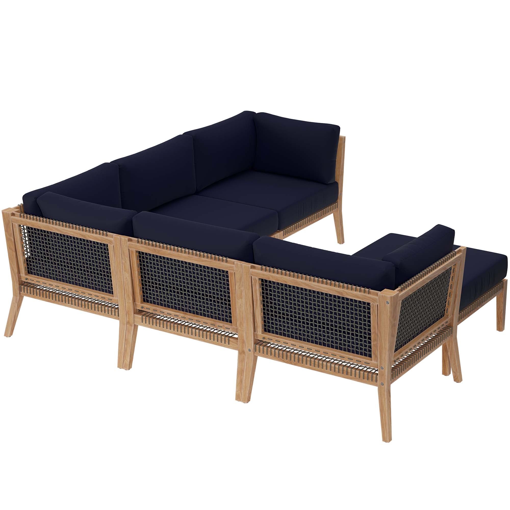 Clearwater 6-Piece Outdoor Patio Teak Wood Sectional Sofa, Gray Navy