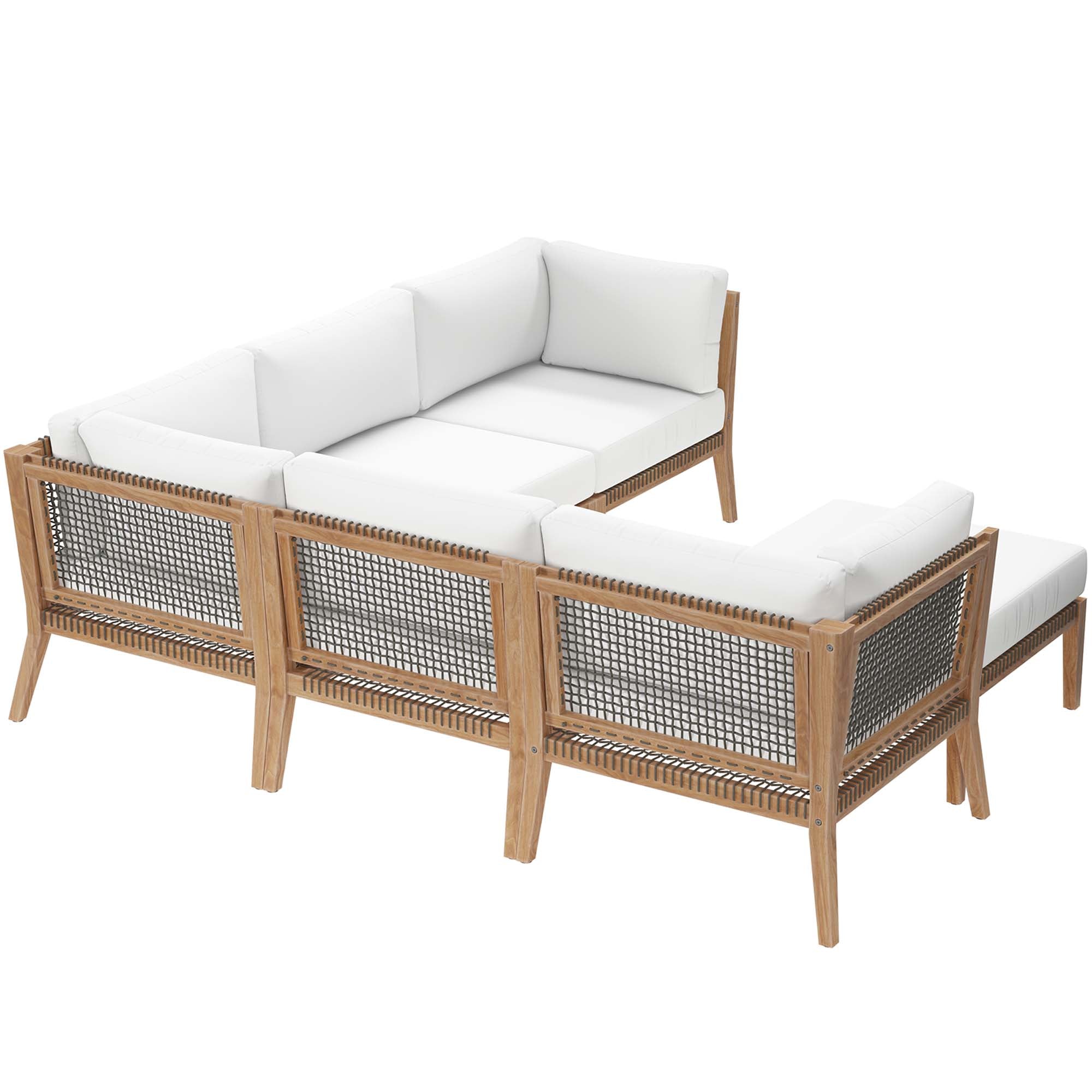 Clearwater 6-Piece Outdoor Patio Teak Wood Sectional Sofa, Gray White