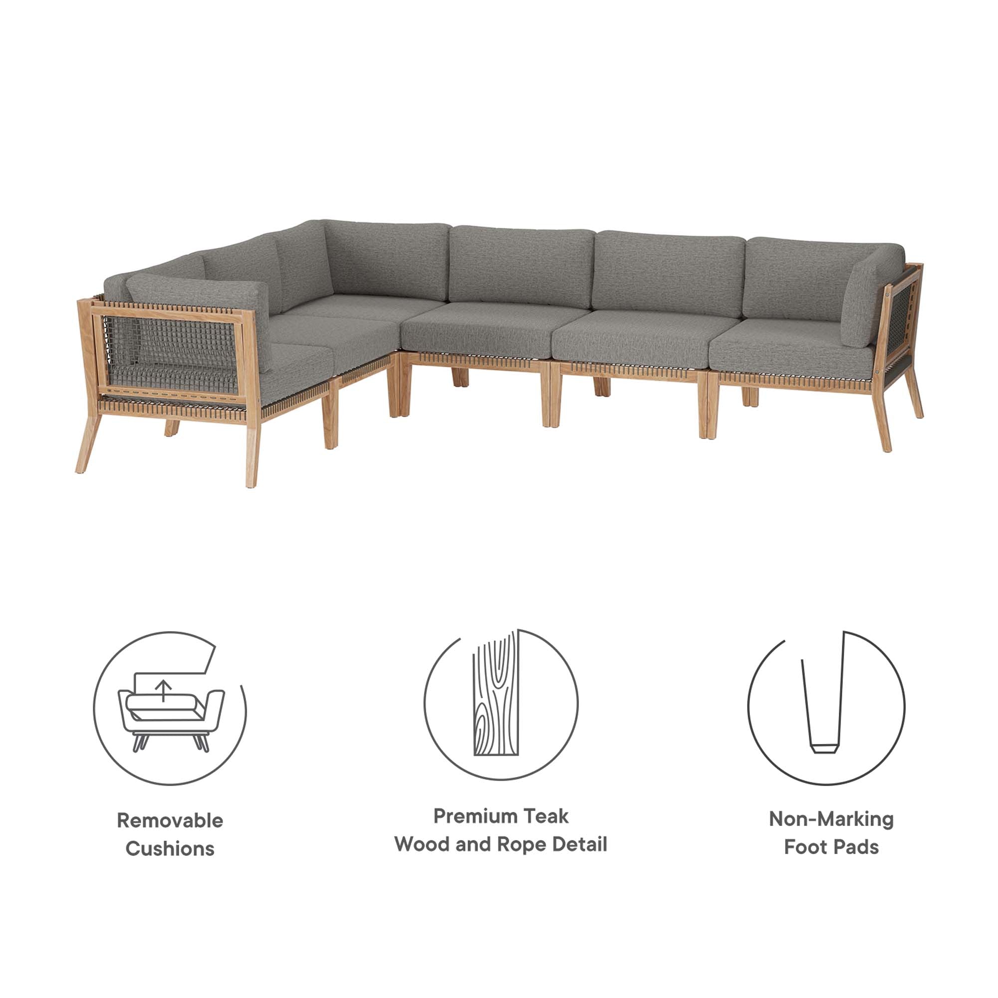 Clearwater 6-Piece Outdoor Patio Teak Wood Sectional Sofa, Gray Graphite