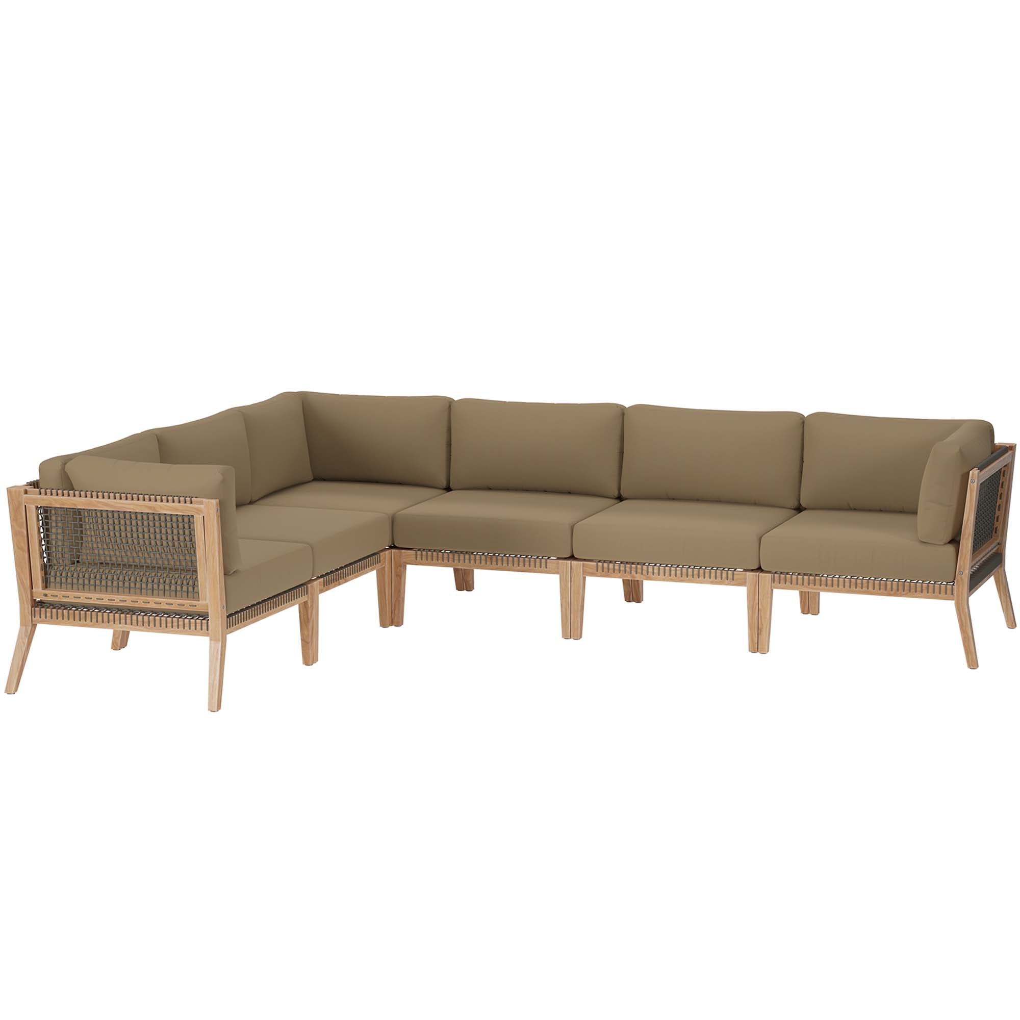 Clearwater 6-Piece Outdoor Patio Teak Wood Sectional Sofa, Gray Light Brown
