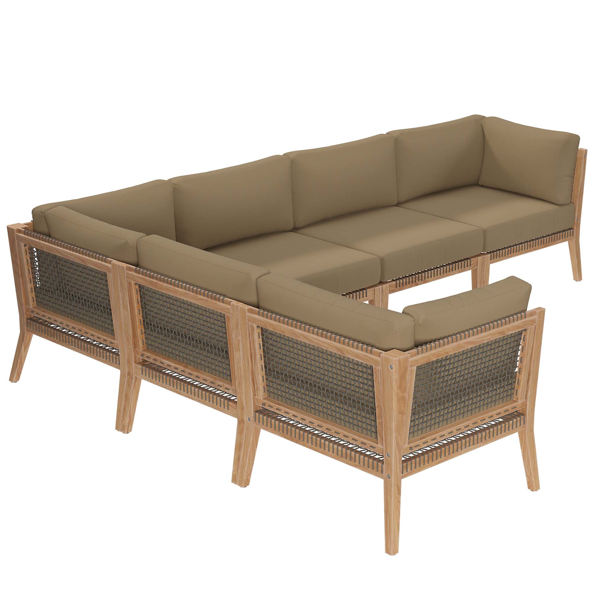 Clearwater 6-Piece Outdoor Patio Teak Wood Sectional Sofa, Gray Light Brown
