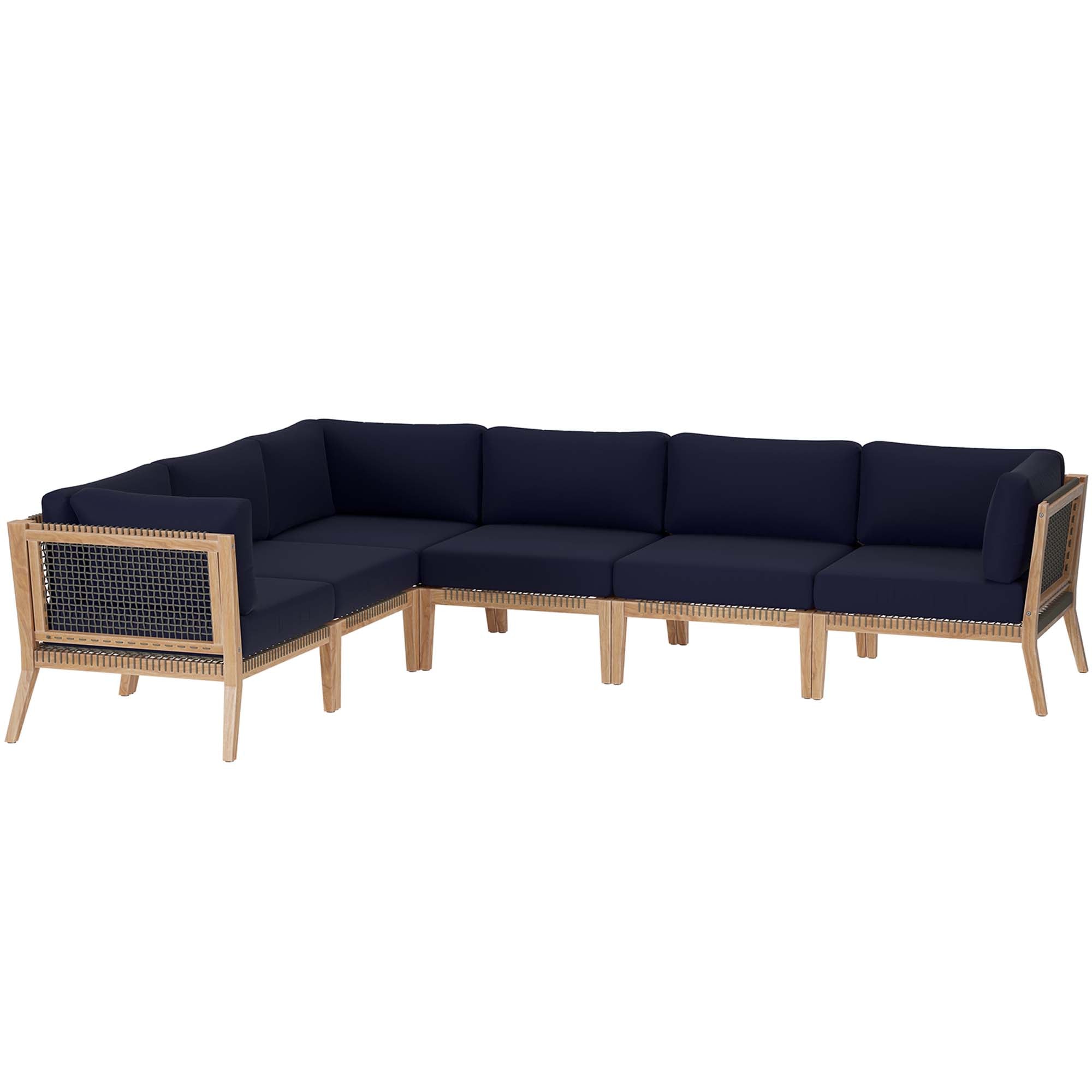 Clearwater 6-Piece Outdoor Patio Teak Wood Sectional Sofa, Gray Navy