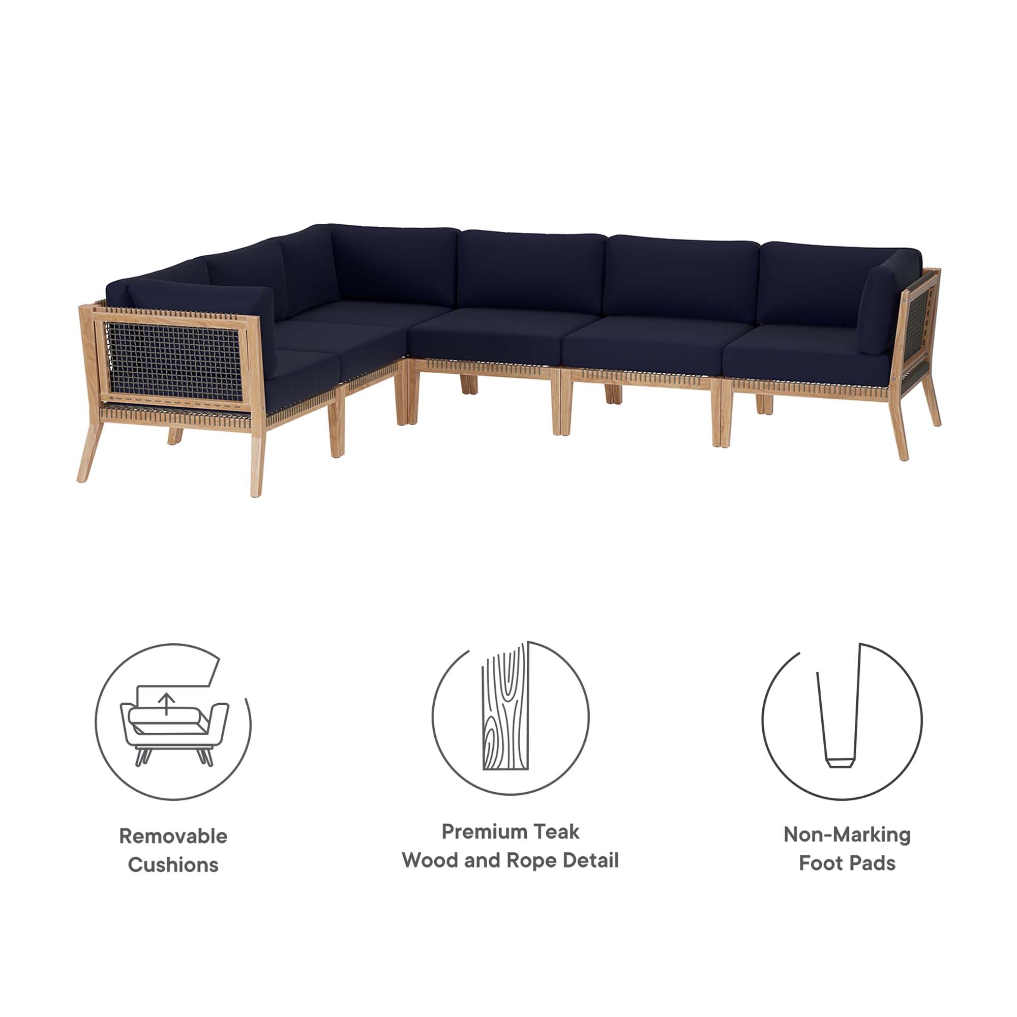 Clearwater 6-Piece Outdoor Patio Teak Wood Sectional Sofa, Gray Navy