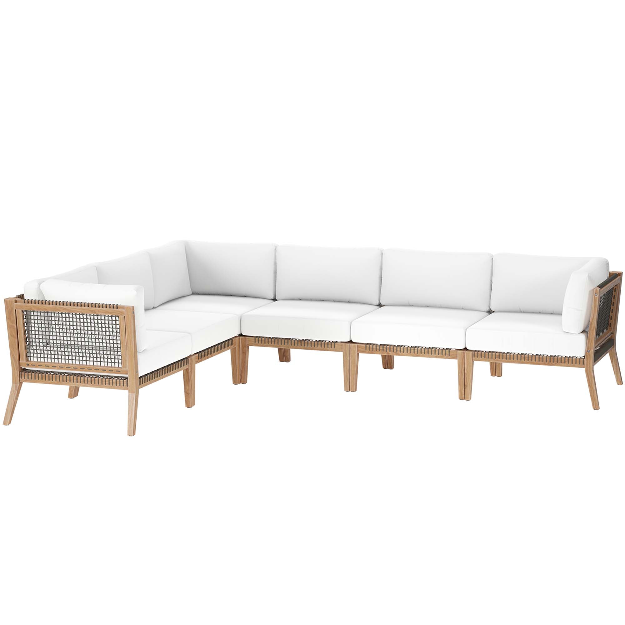 Clearwater 6-Piece Outdoor Patio Teak Wood Sectional Sofa, Gray White