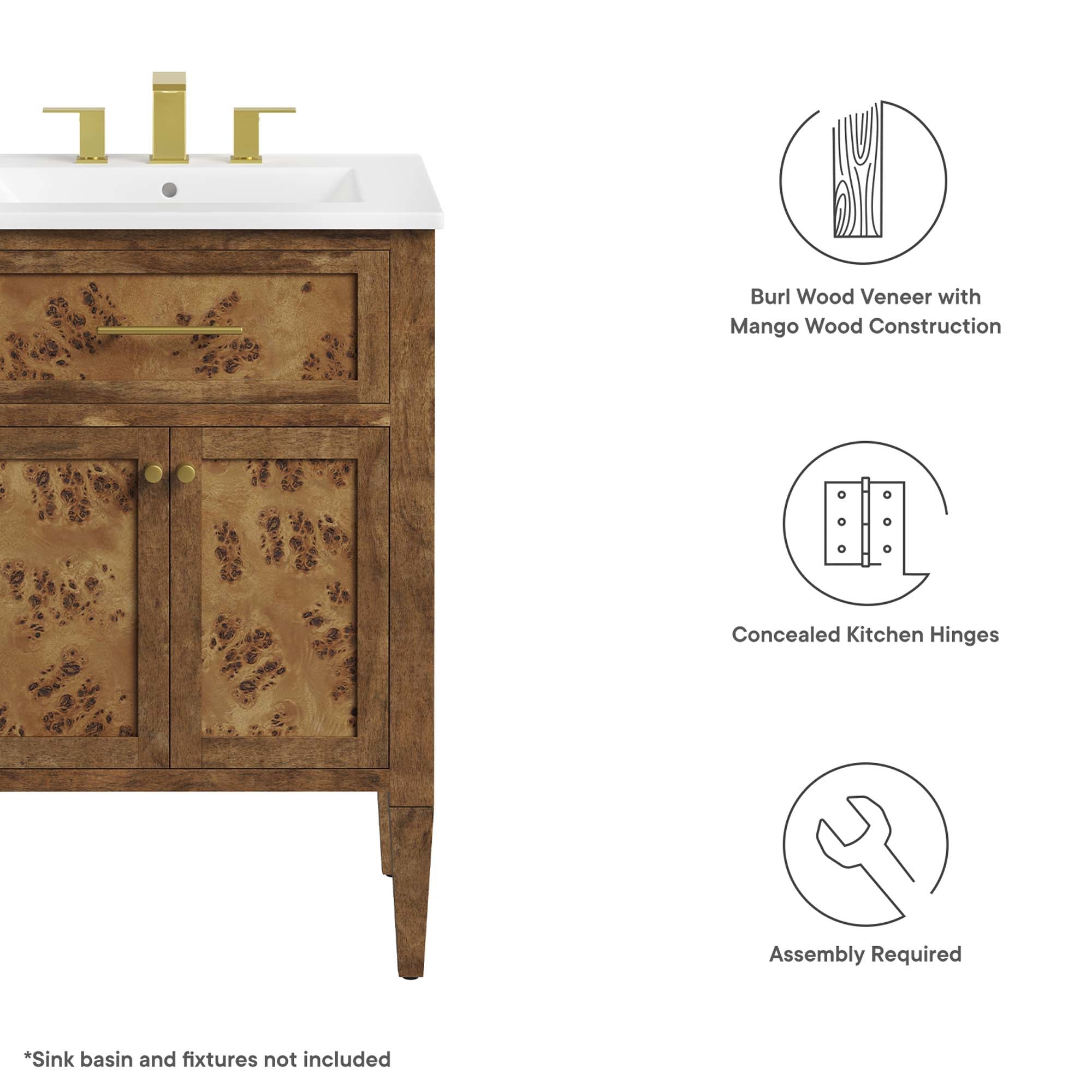 Elysian 24" Wood Bathroom Vanity Cabinet (Sink Basin Not Included), Brown