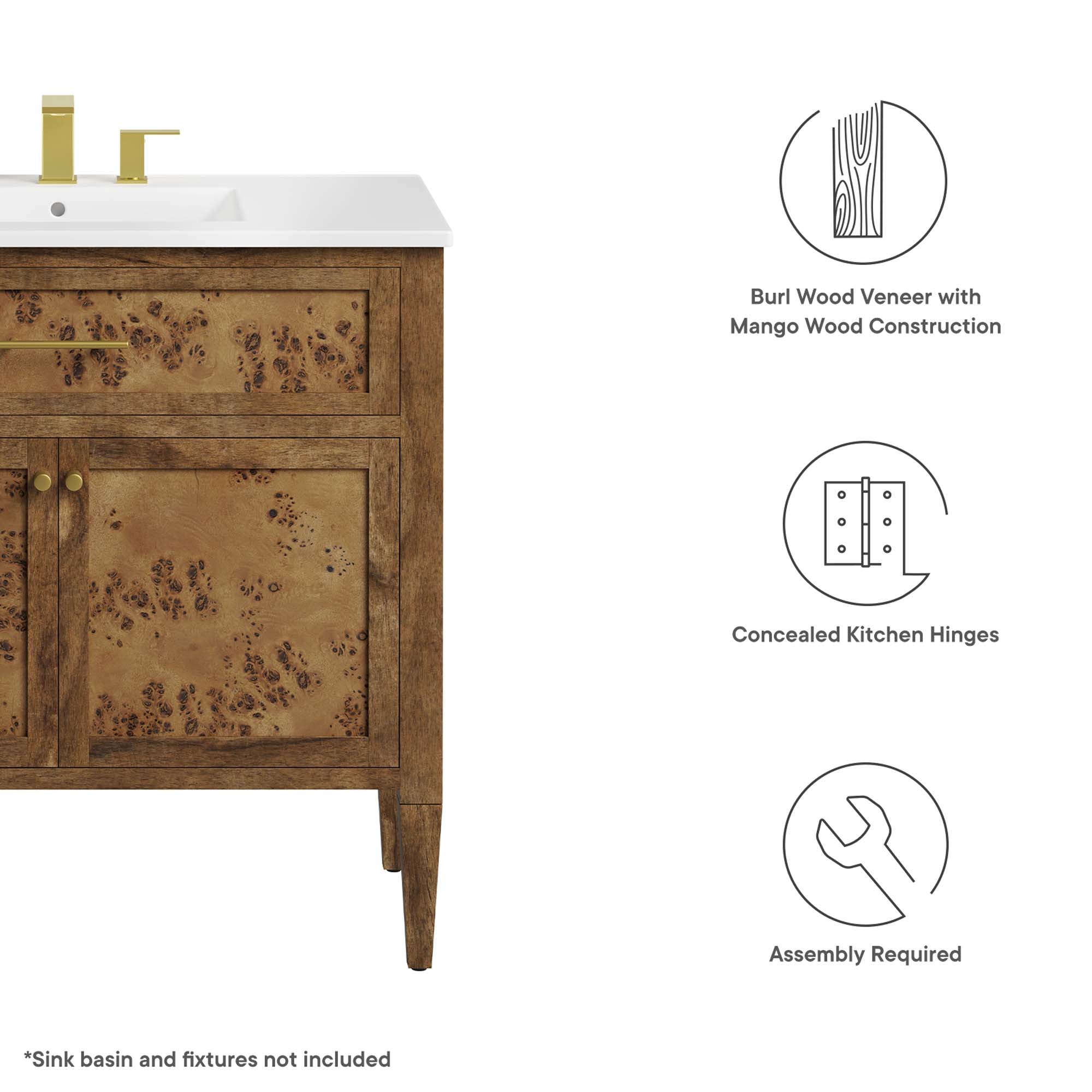 Elysian 36" Wood Bathroom Vanity Cabinet (Sink Basin Not Included), Brown
