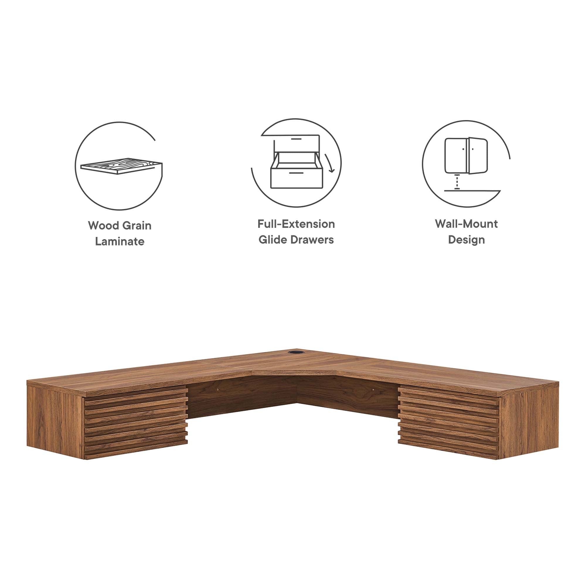 Render Wall Mount Corner Office Desk, Walnut