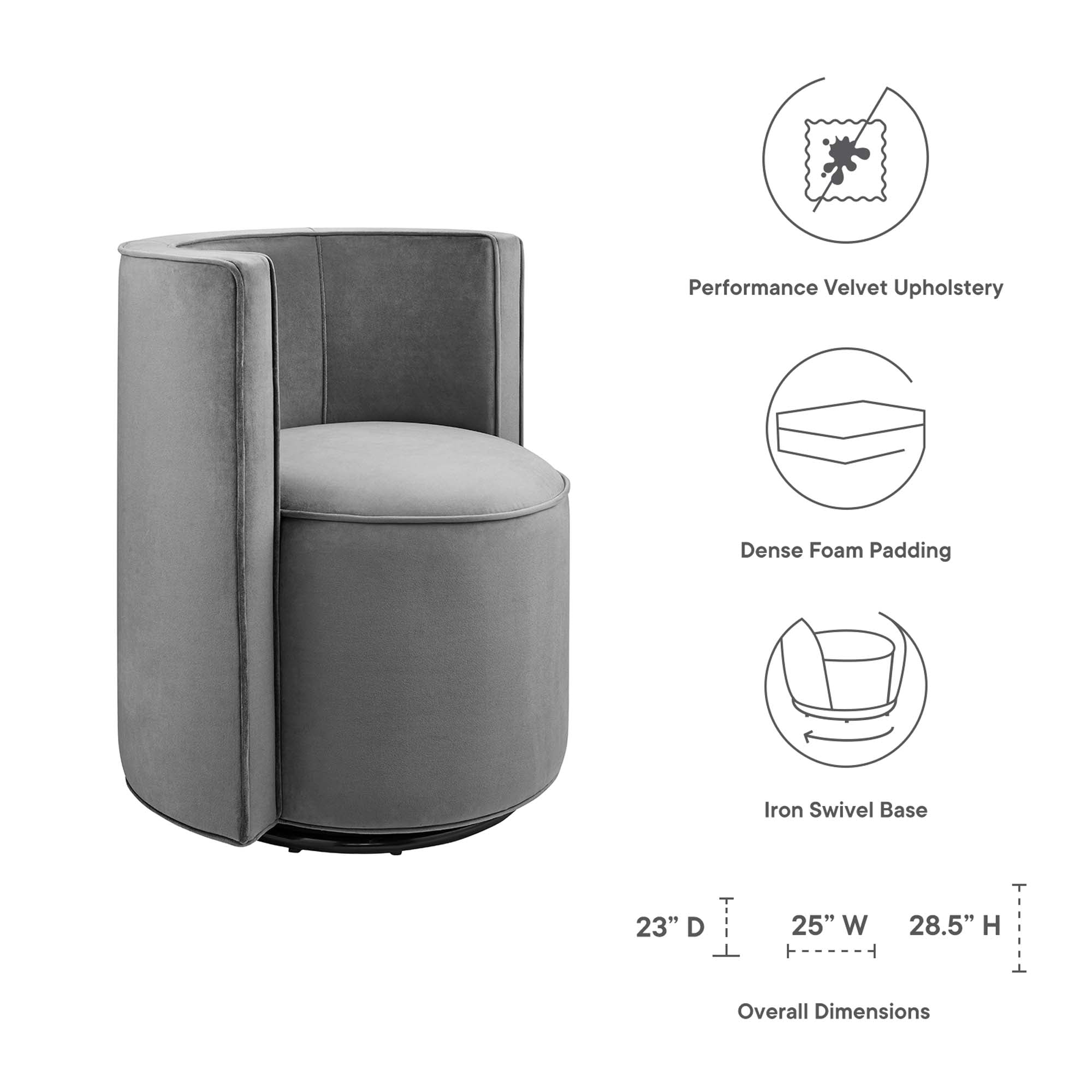 Della Performance Velvet Fabric Swivel Chair, Gray