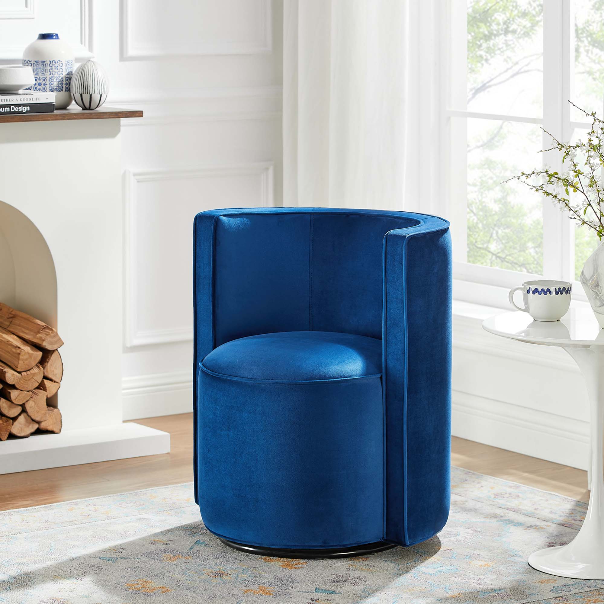 Della Performance Velvet Fabric Swivel Chair, Navy