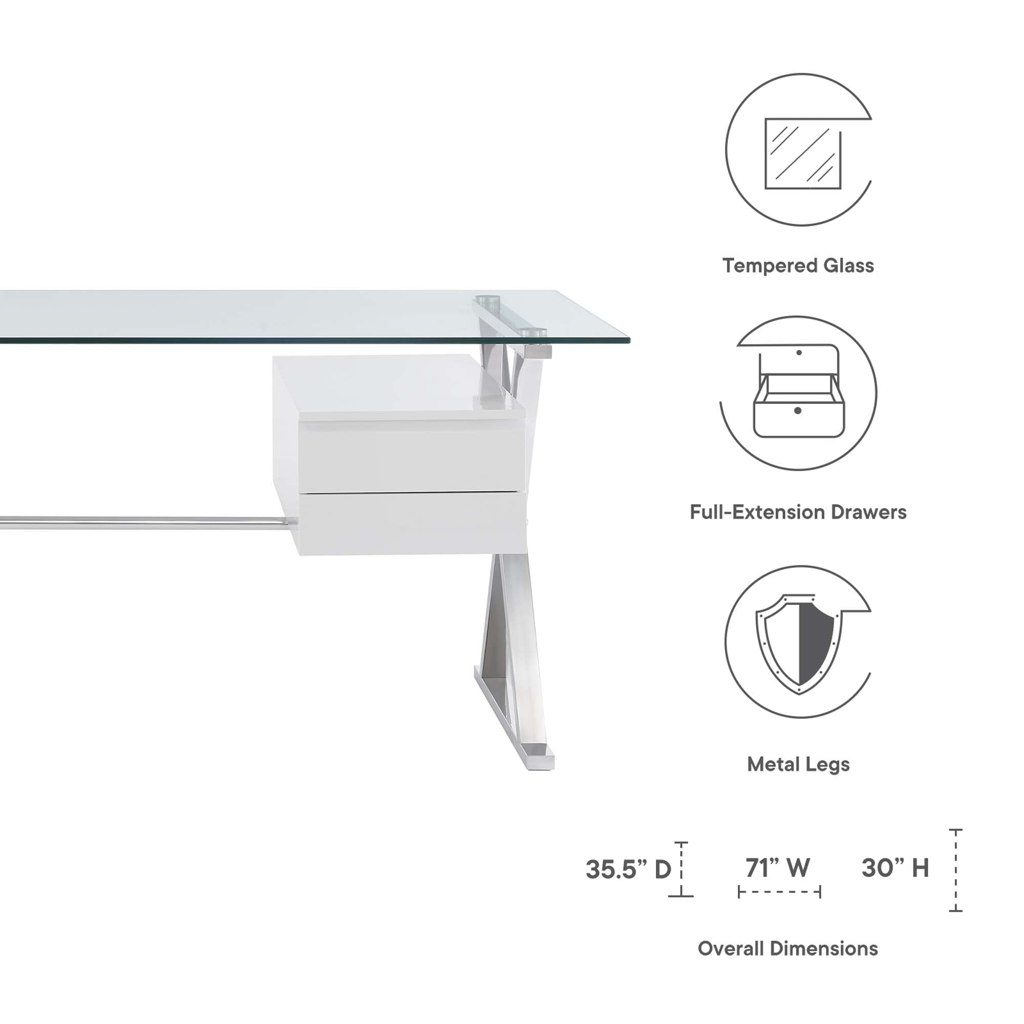 Sector 71" Glass Top Glass Office Desk, White