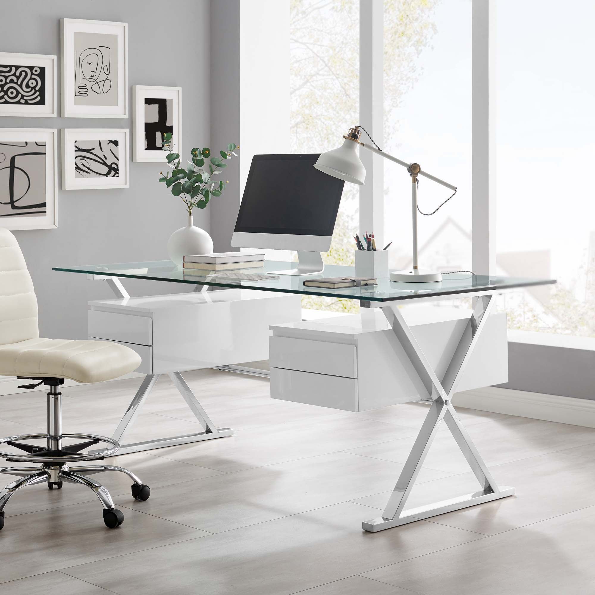Sector 71" Glass Top Glass Office Desk, White