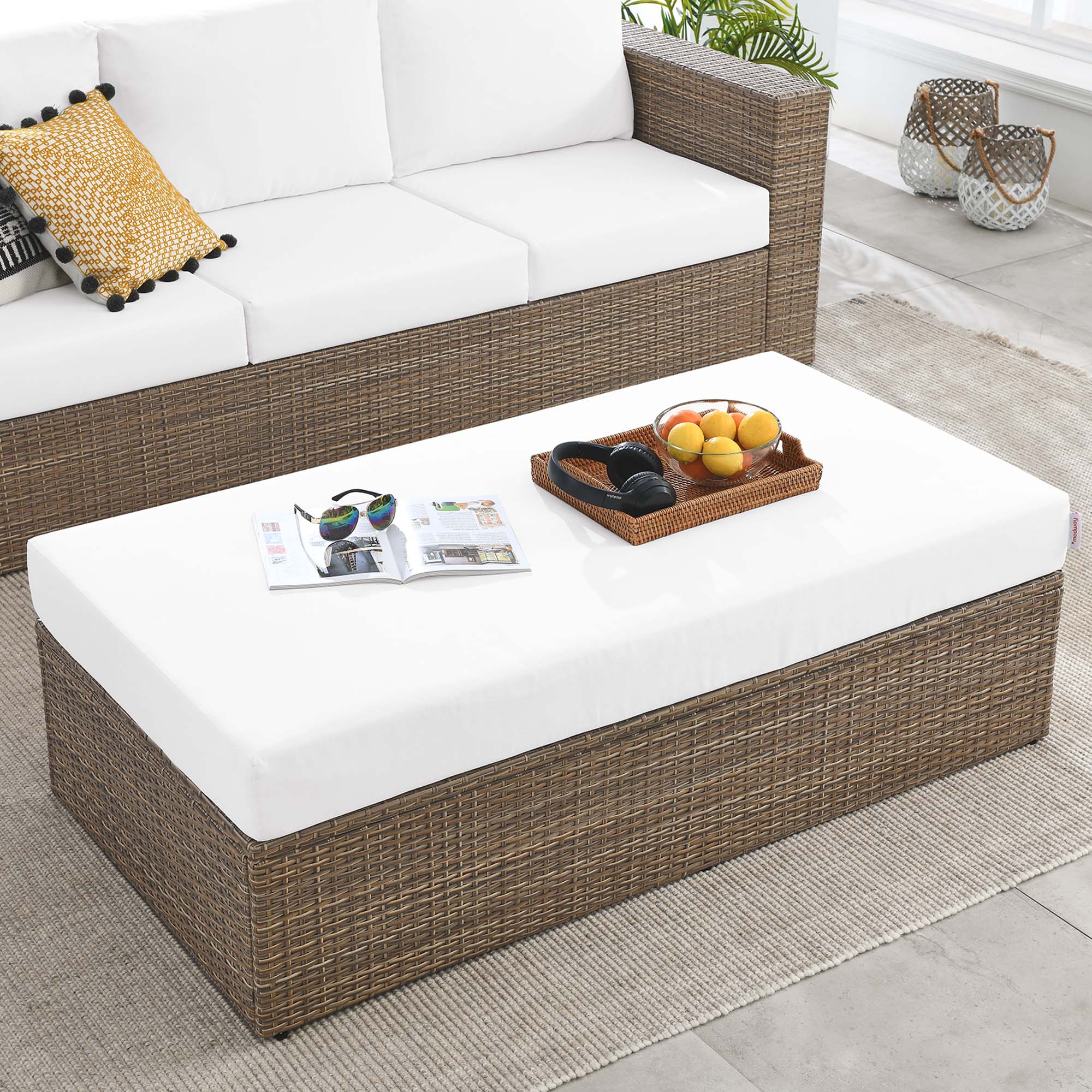 Convene Outdoor Patio Rectangle Ottoman, Cappuccino White