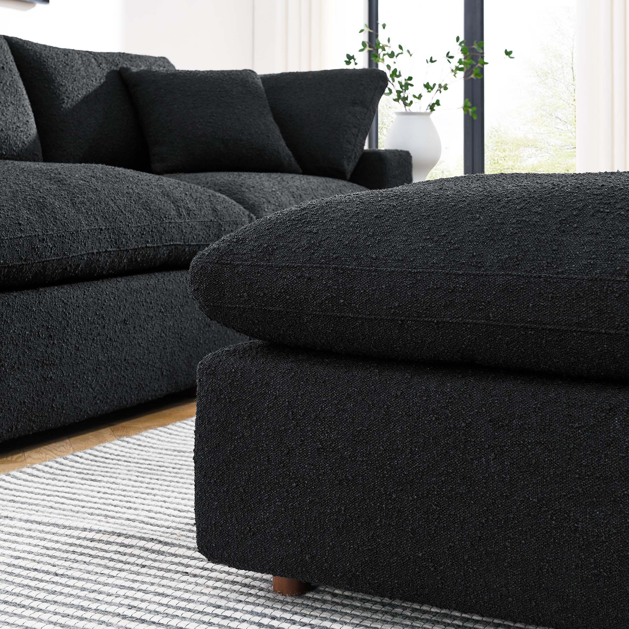Commix Down Filled Overstuffed Boucle Fabric Ottoman, Black