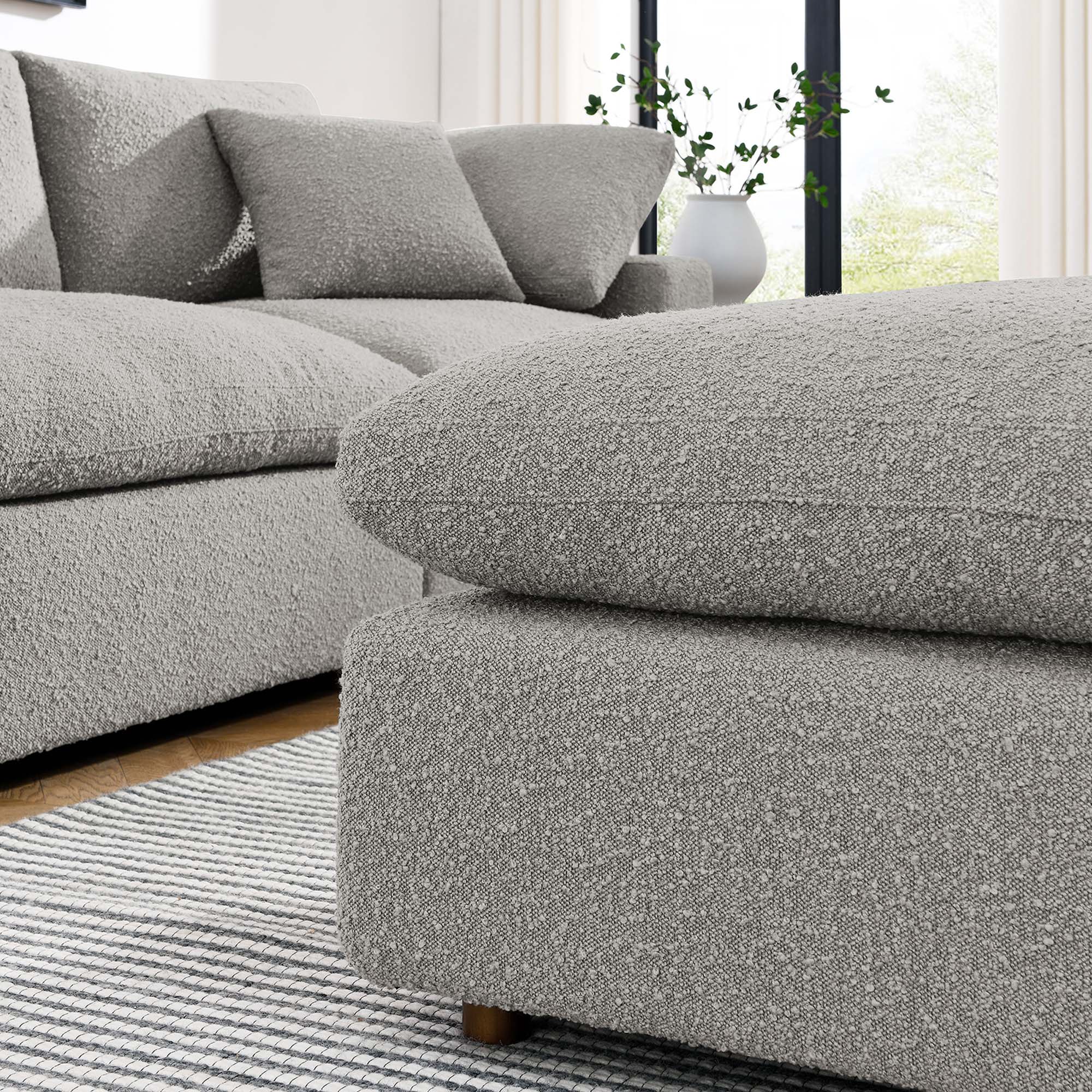 Commix Down Filled Overstuffed Boucle Fabric Ottoman, Light Gray