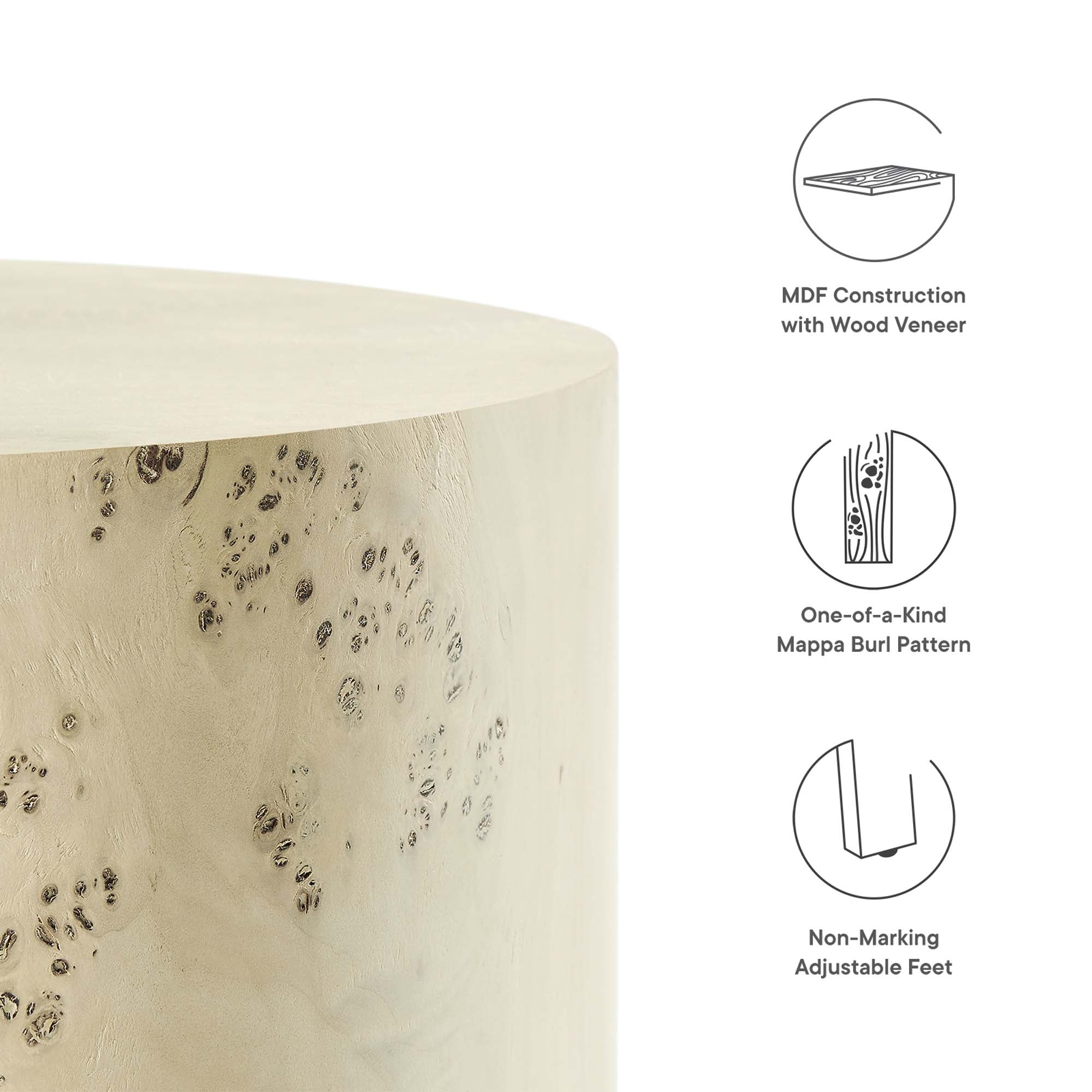 Cosmos 16" Round Burl Wood Side Table, Bleached Burl