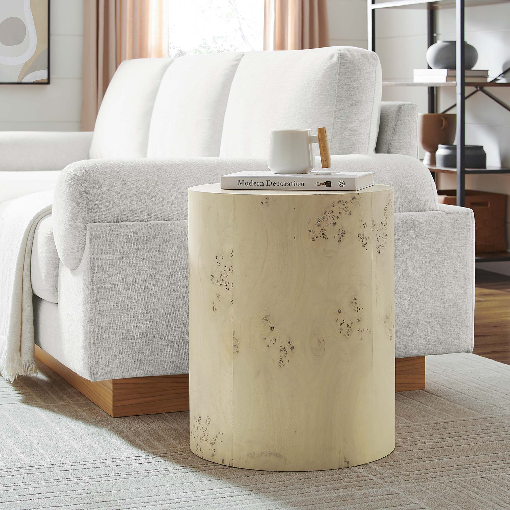 Cosmos 16" Round Burl Wood Side Table, Bleached Burl