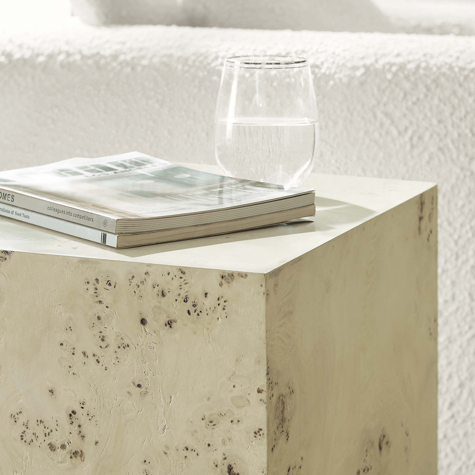 Cosmos 16" Square Burl Wood Side Table, Bleached Burl