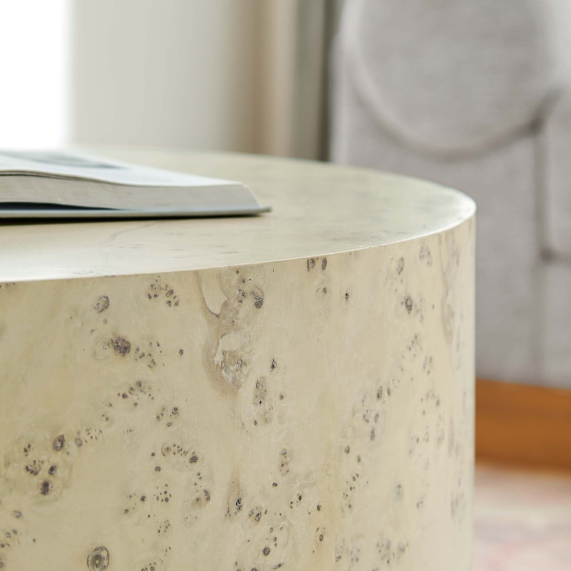 Cosmos 35" Round Burl Wood Coffee Table, Bleached Burl