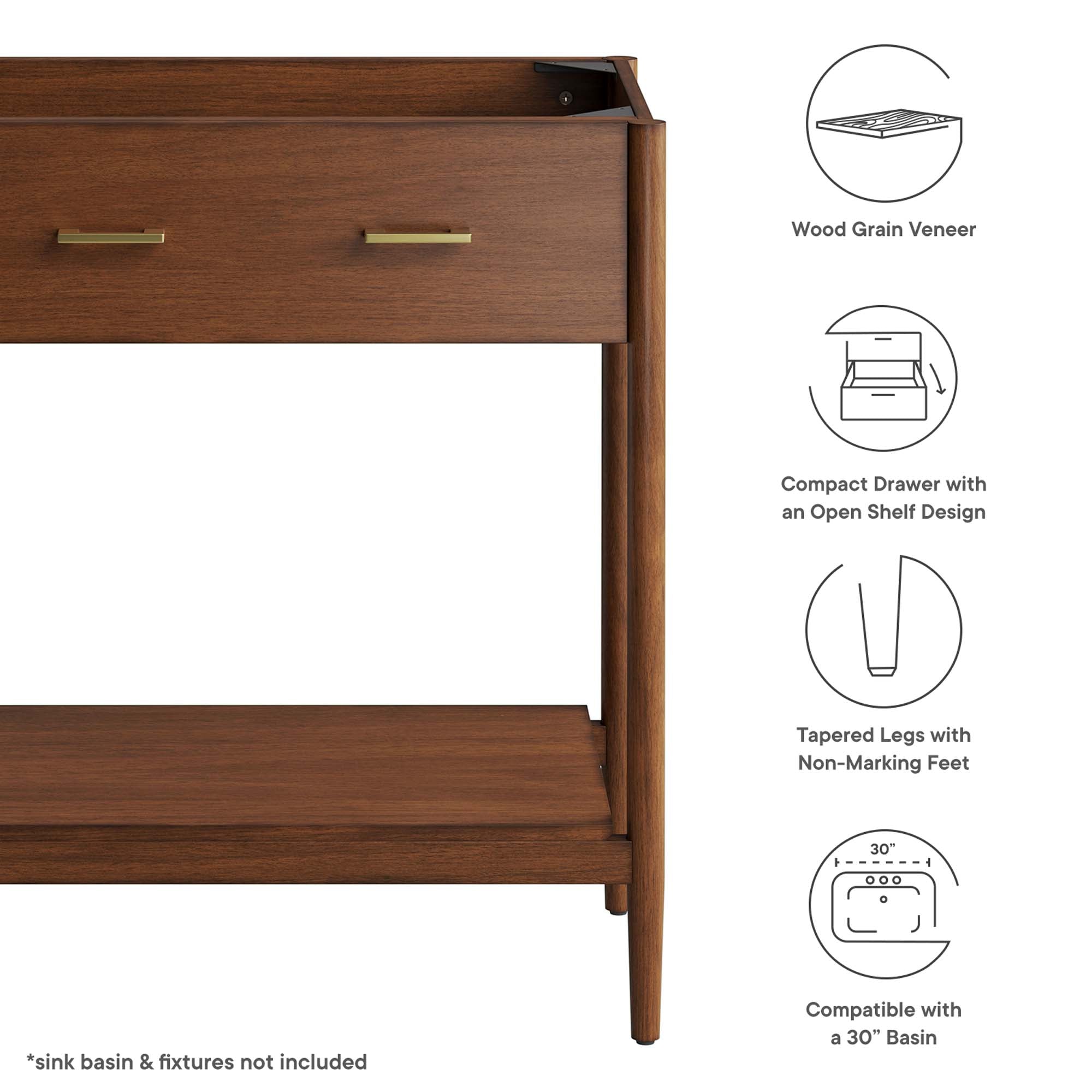 Zaire 30" Bathroom Vanity Cabinet (Sink Basin Not Included), Walnut