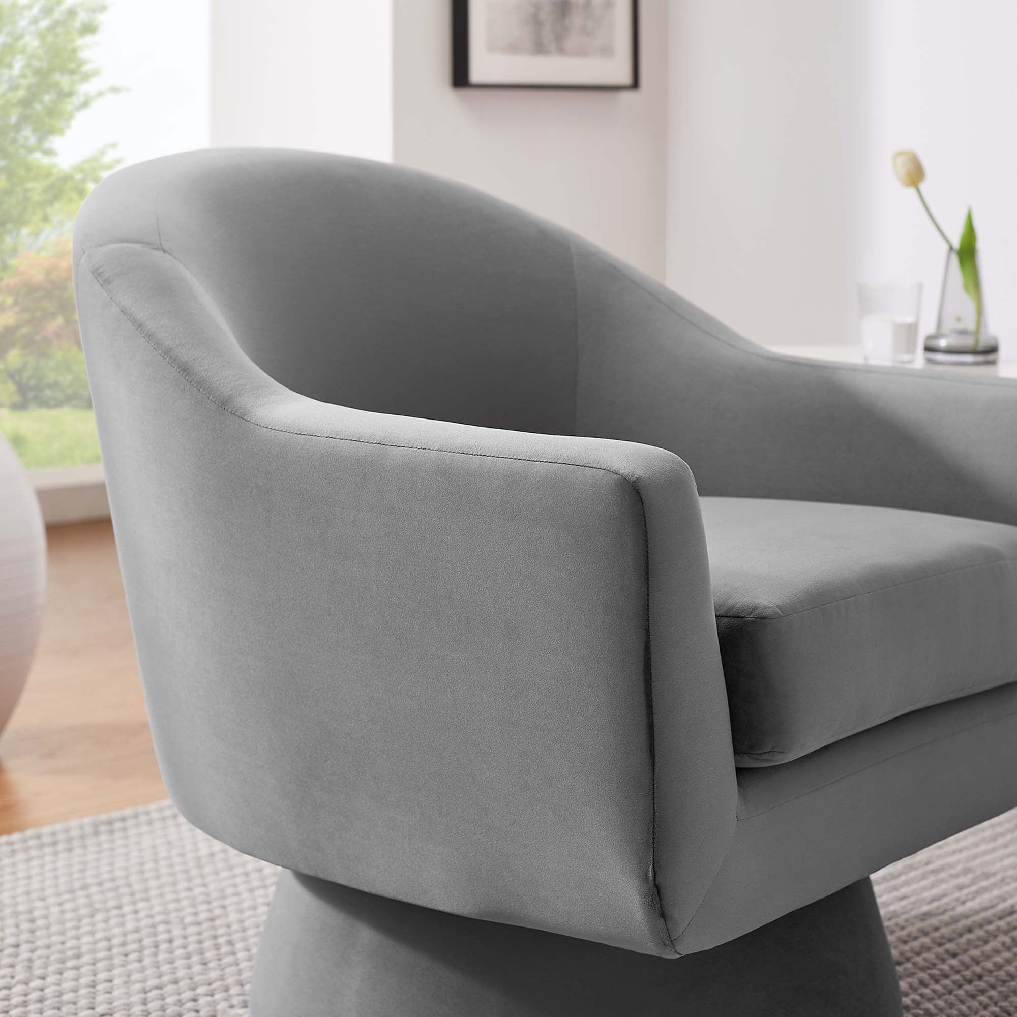 Astral Performance Velvet Fabric and Wood Swivel Chair, Gray