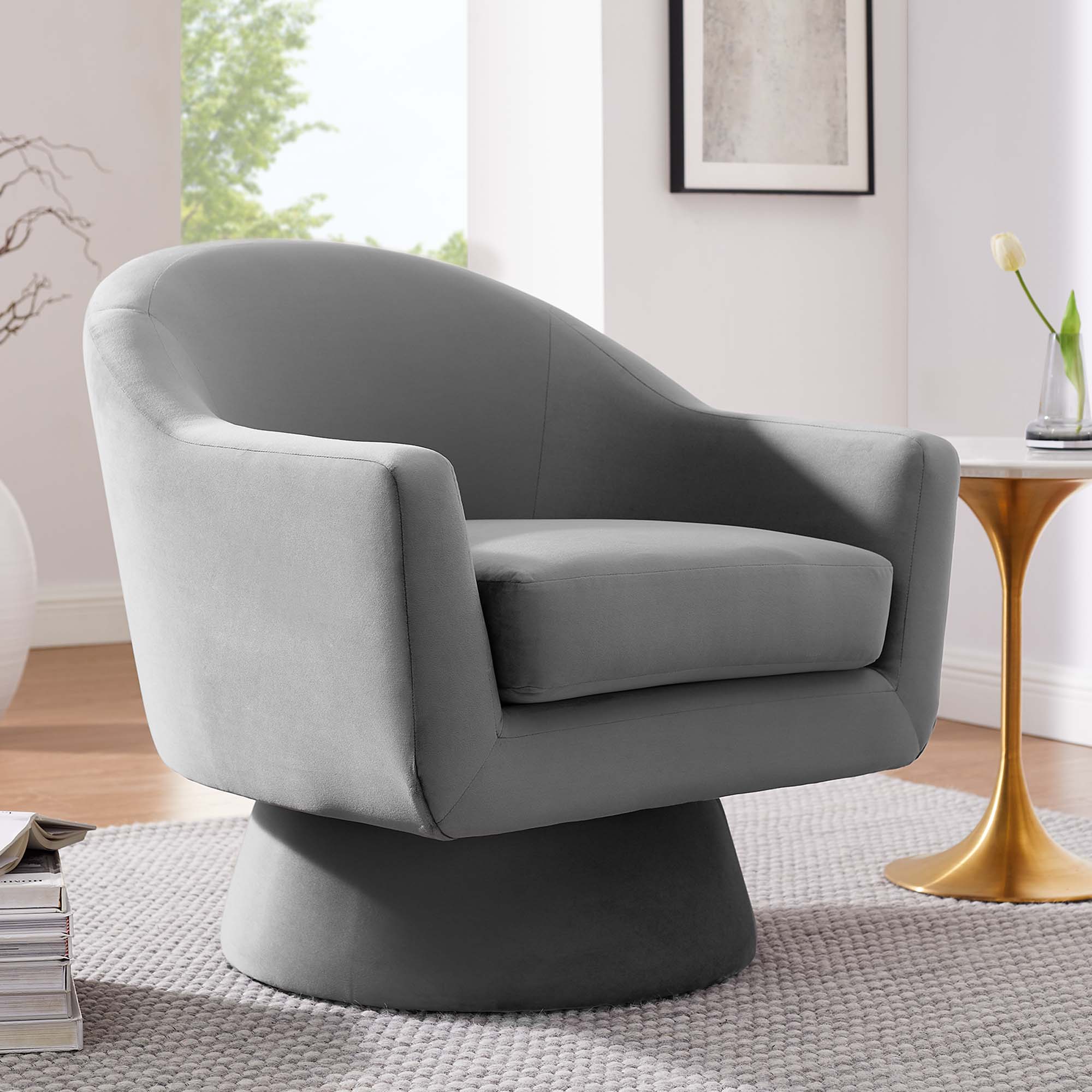 Astral Performance Velvet Fabric and Wood Swivel Chair, Gray