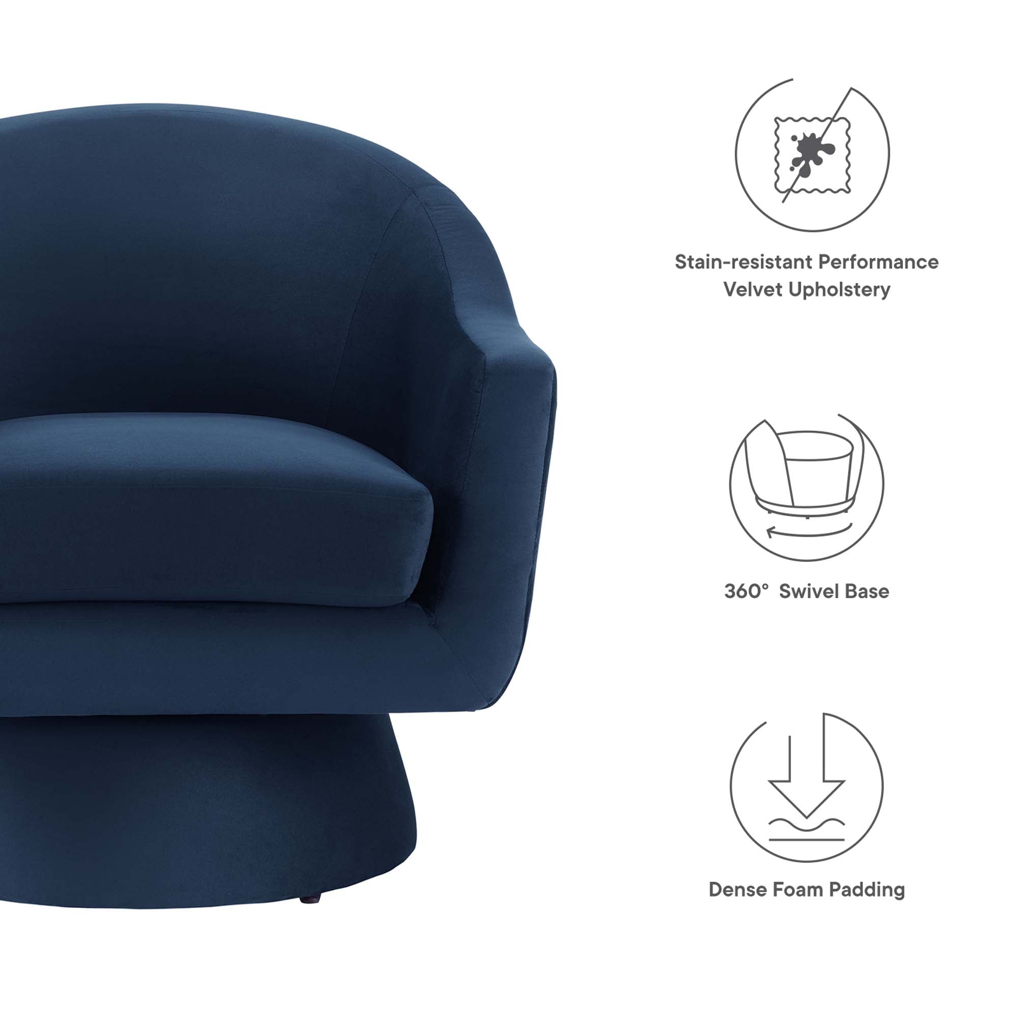 Astral Performance Velvet Fabric and Wood Swivel Chair, Midnight Blue