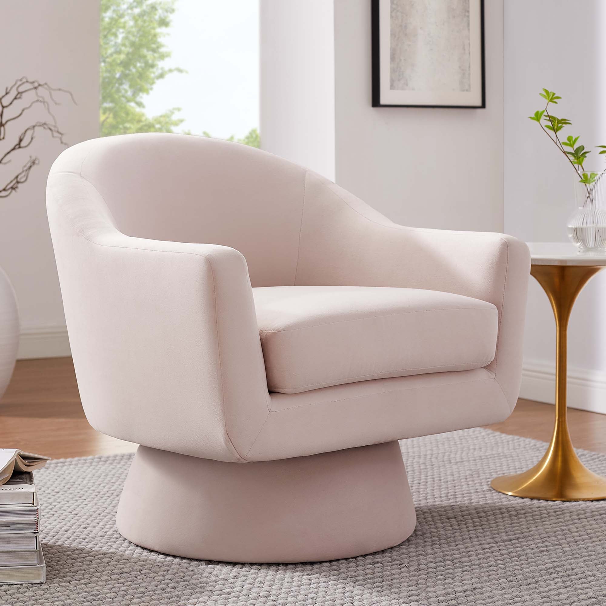 Astral Performance Velvet Fabric and Wood Swivel Chair, Pink