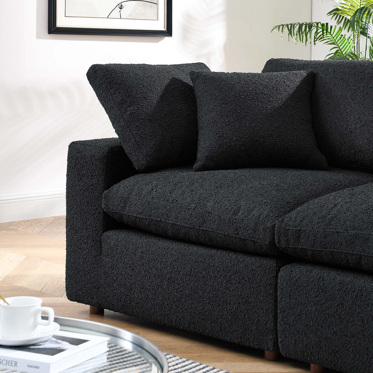 Commix Down Filled Overstuffed Boucle Fabric Loveseat, Black