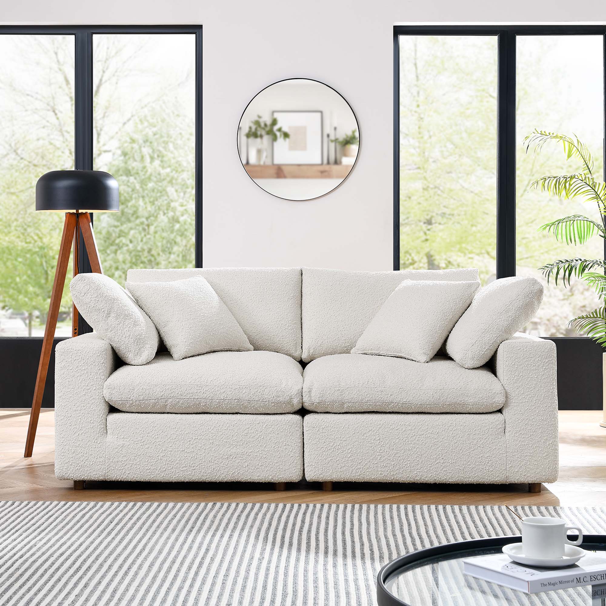 Commix Down Filled Overstuffed Boucle Fabric Loveseat, Ivory